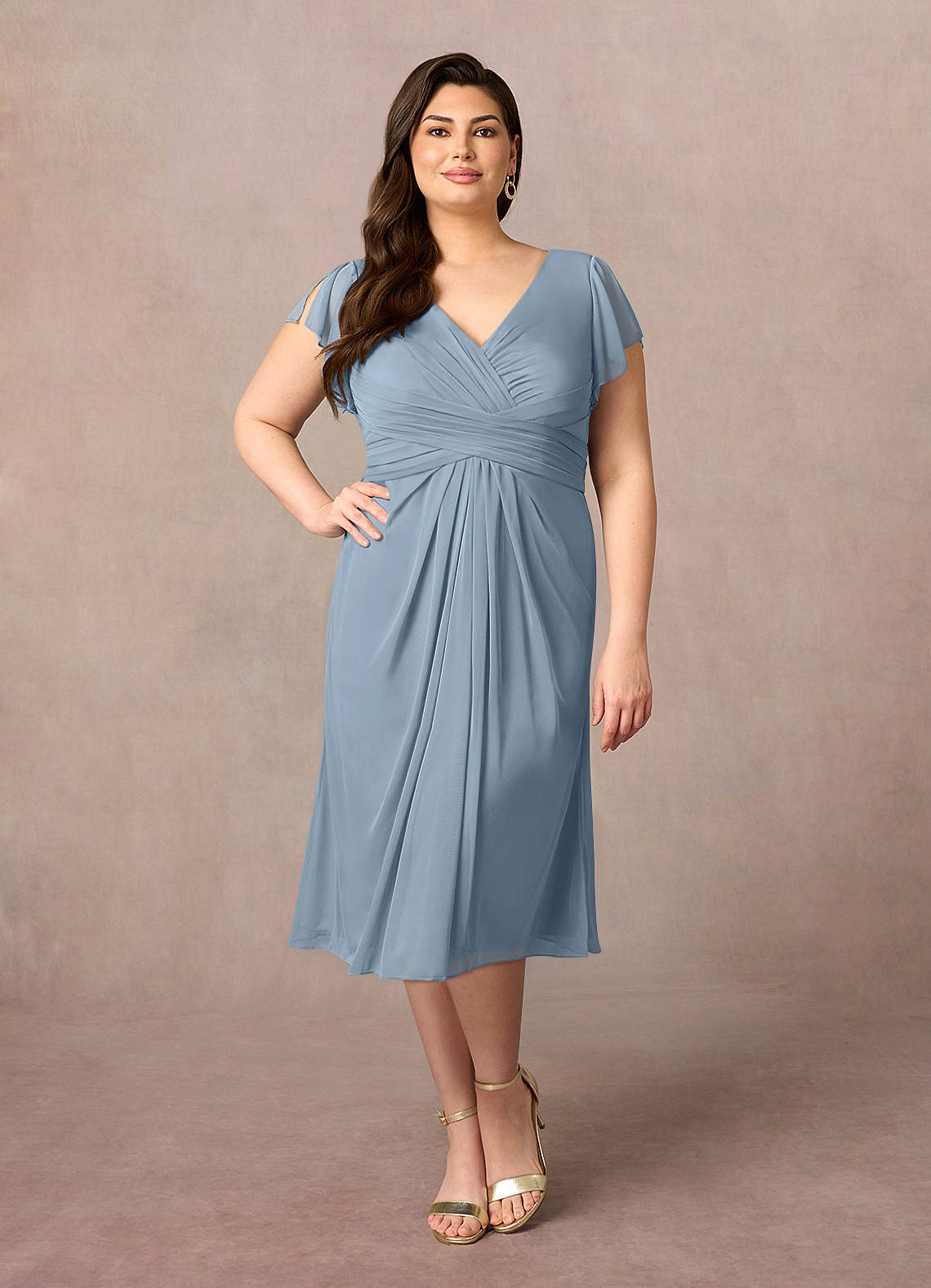 Azazie Vera Mother of the Bride Dresses Dusty Blue A-Line V-Neck Pleated Mesh Dress image5