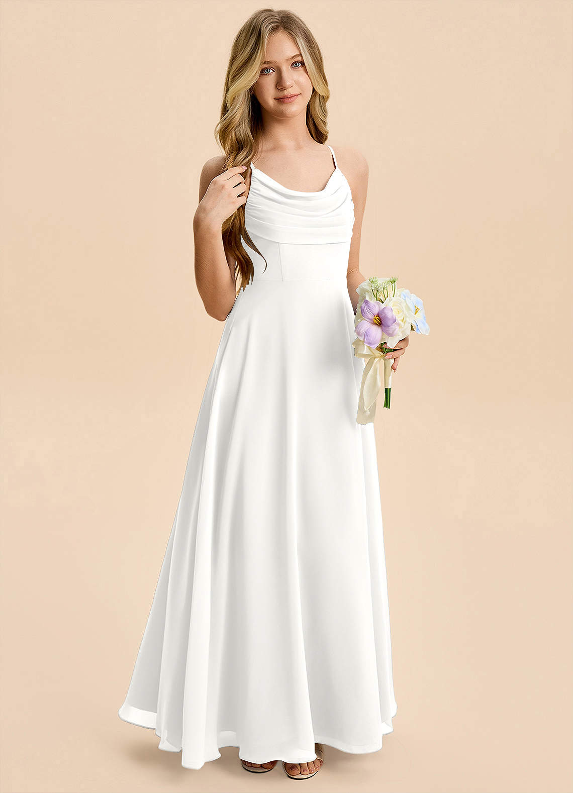 Azazie Gia Junior White A-Line Pleated Chiffon Dress image4