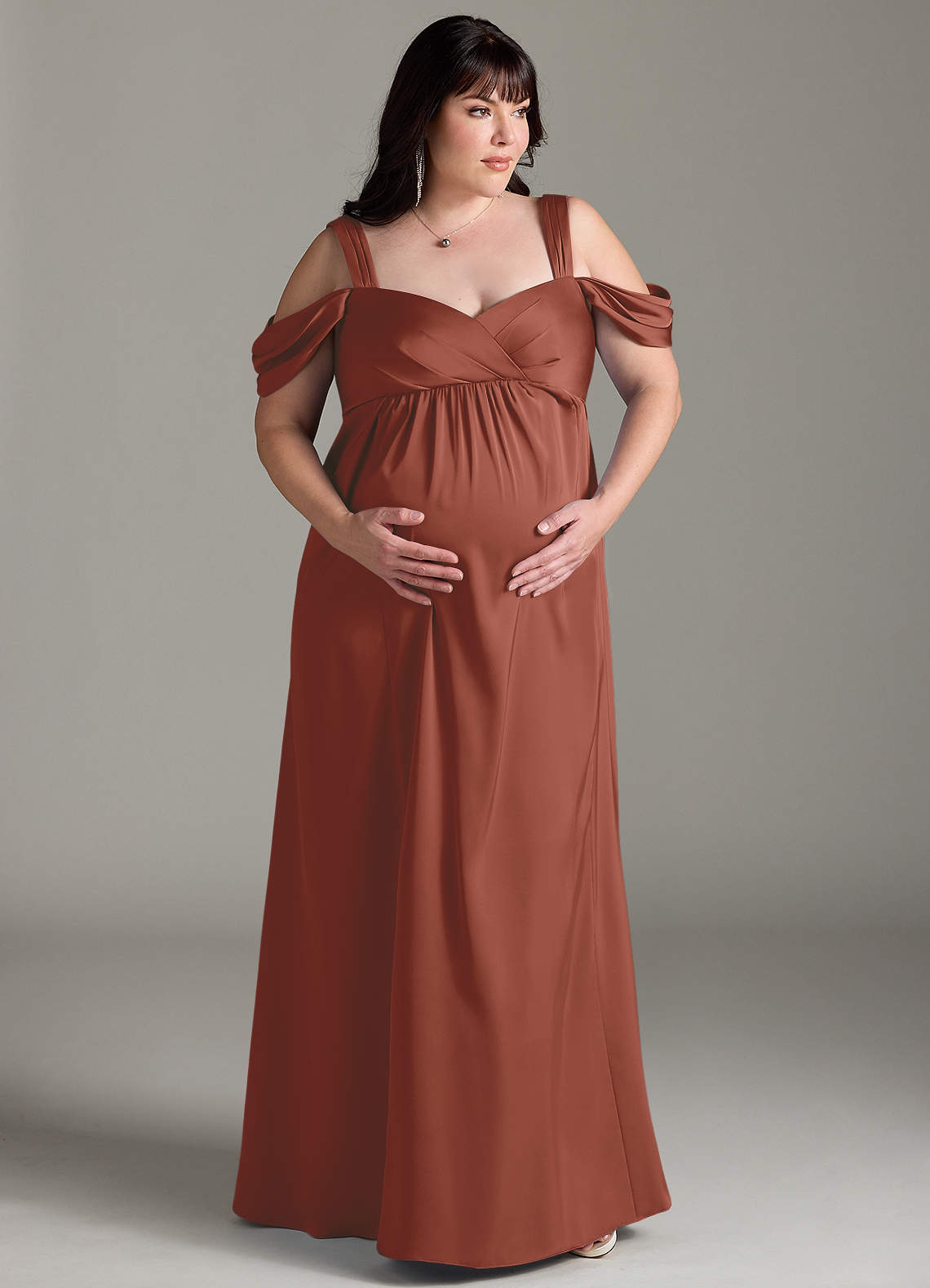 Azazie Rhea Maternity Bridesmaid Dresses A-Line Off-The-Shouler Pleated Stretch Satin Floor-Length Dress image1