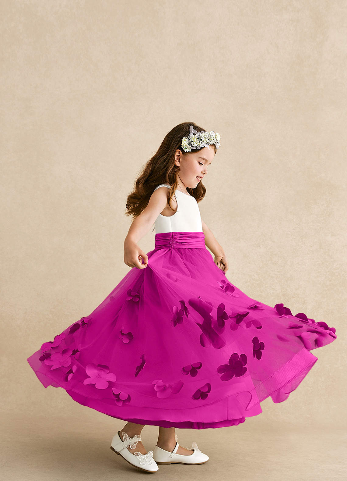 Azazie Vi vestidos de niña de las flores Vestido de Fucsia de Tul de Corte en A con Sin mangas image1