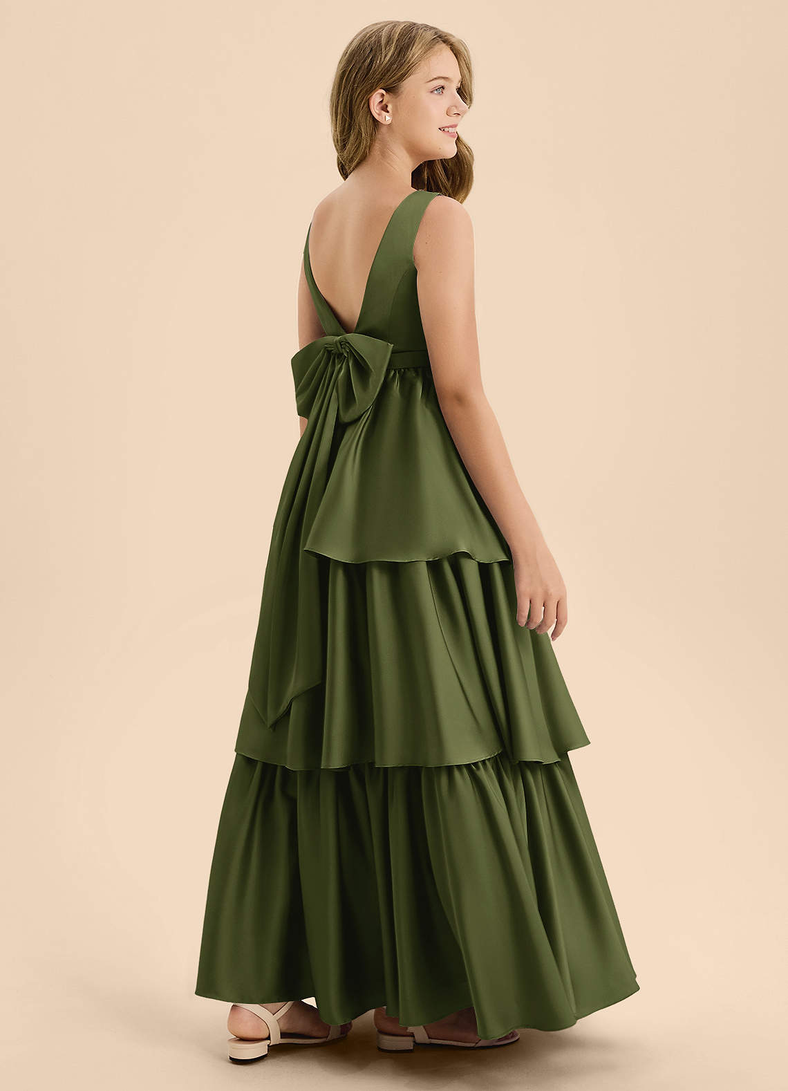 Azazie Meadowyn Junior Olive A-Line Bow Stretch Satin Dress image1