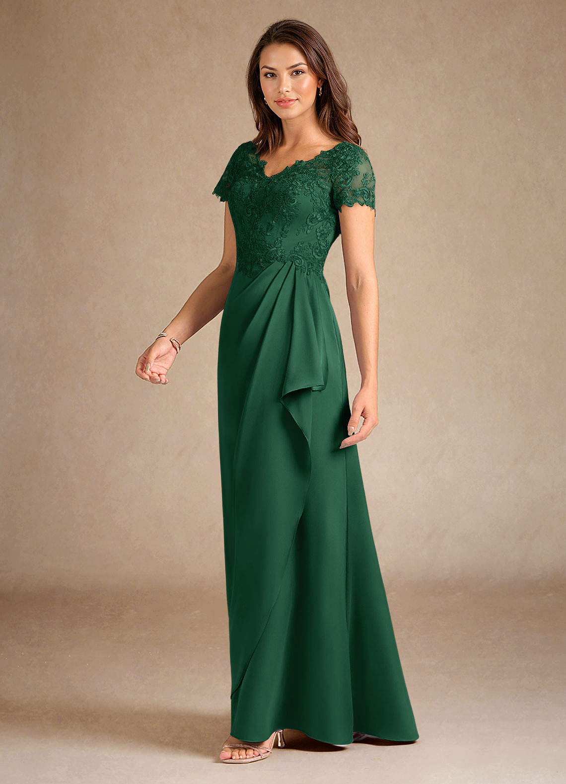 Azazie Santa Ana vestidos de madre de la novia Vestido de Verde Oscuro de Satén Elástico de Corte En A con Encaje image1