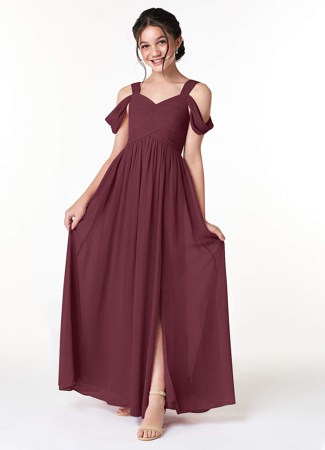 Azazie Lianne Junior Cabernet A-Line Off the Shoulder Chiffon Dress image1