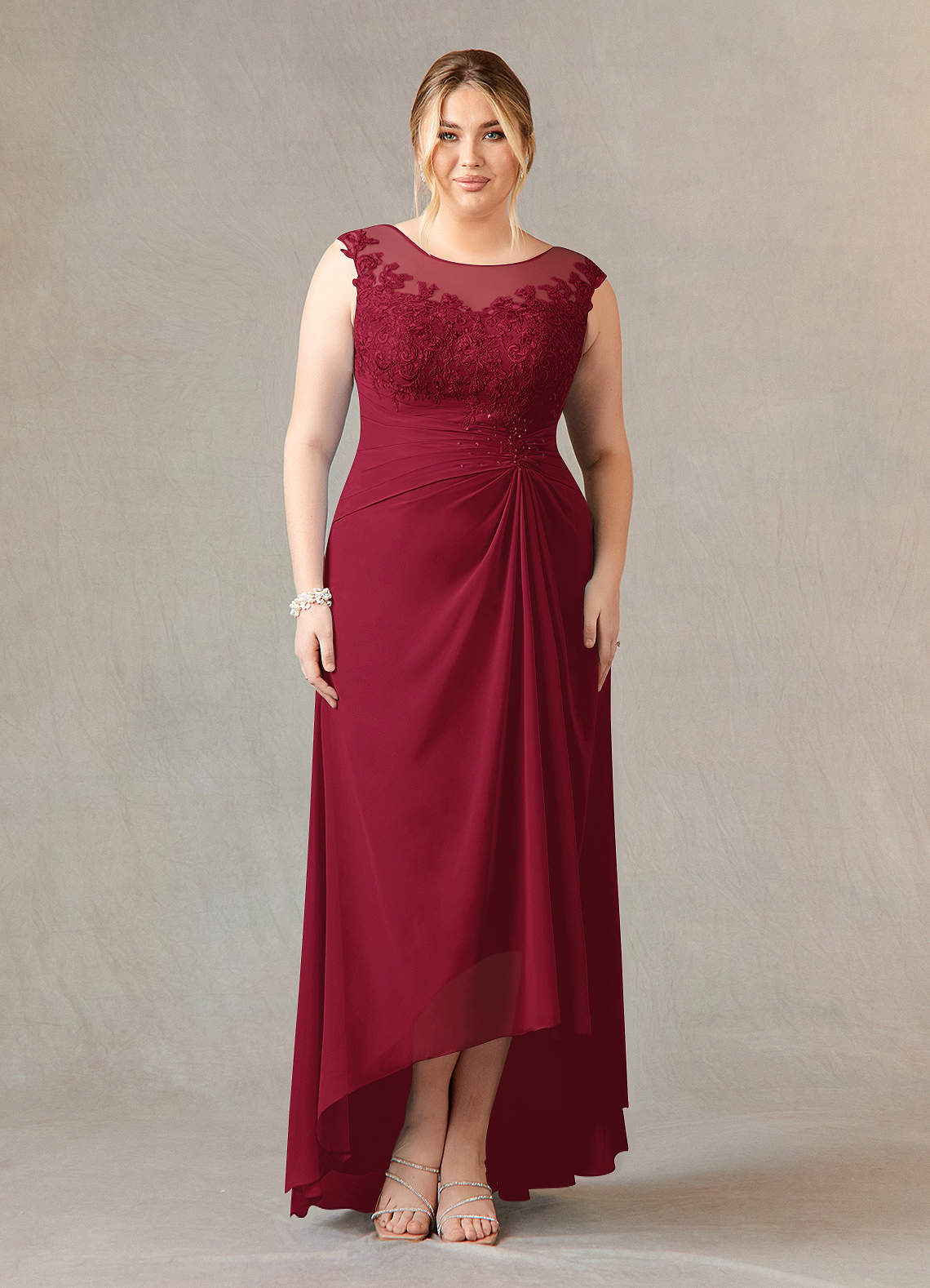 Azazie Endora Final Sale Burgundy A-Line Scoop Lace Chiffon Dress image1