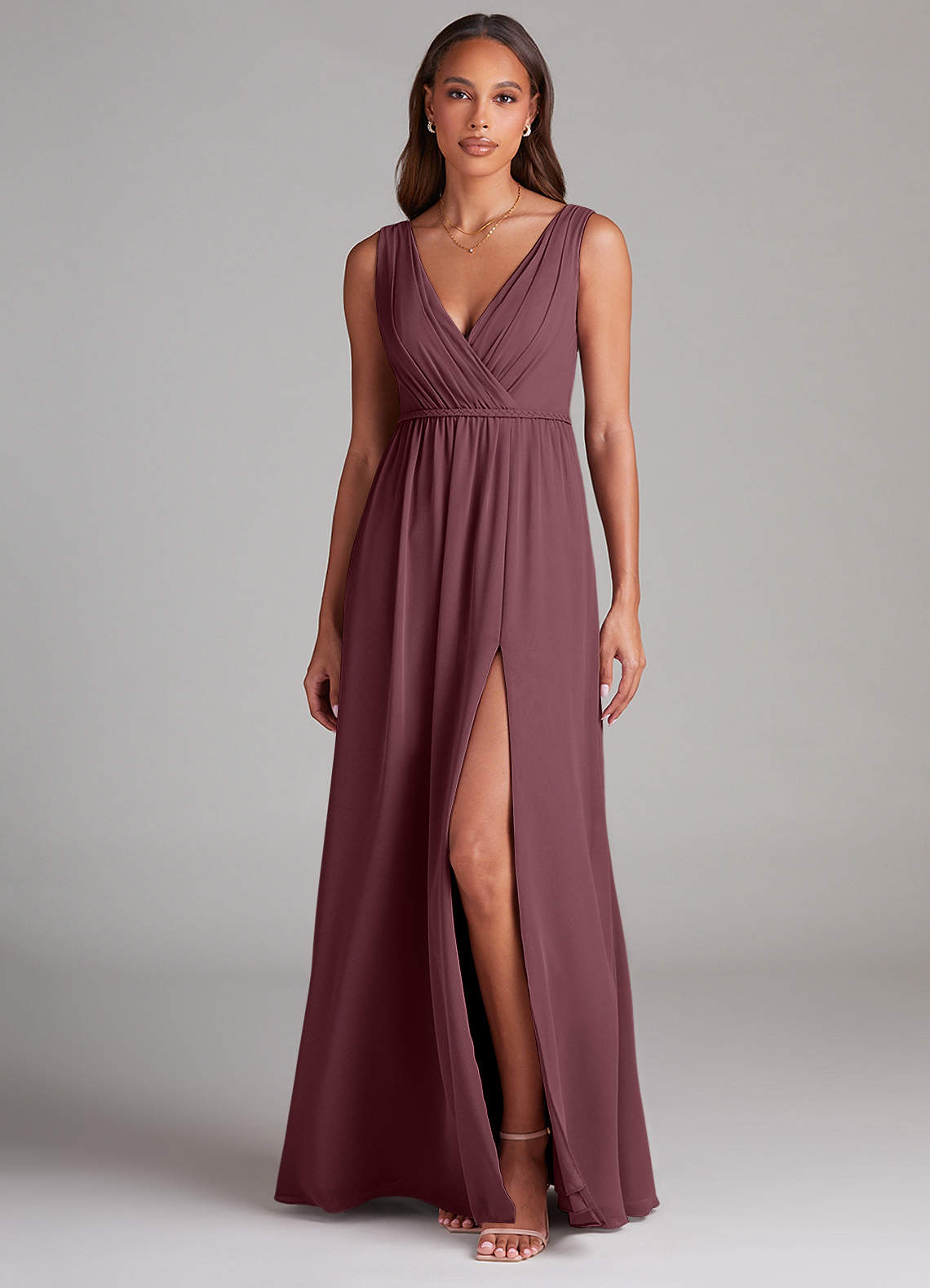 Azazie Tanicia Brautjungfernkleider A-Linie Plissee Chiffon Kleid Sangria image1