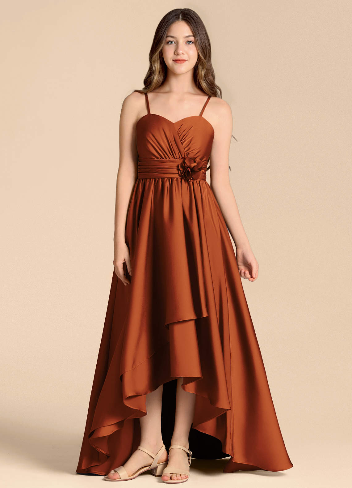 Azazie Catalina Junior Jurk van Stretch Satijn met A-Lijn Sweetheart Halslijn Kaneel image1