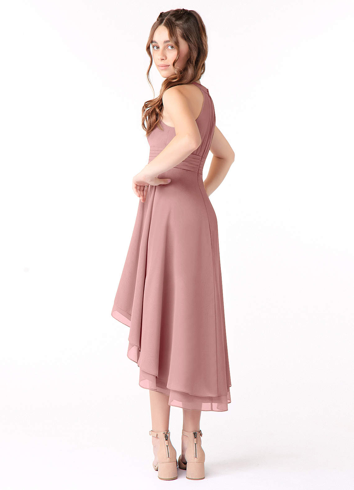 Azazie Linna Junior Vestido de Rosa Polvorienta de Gasa de Corte En A con Plisado image1