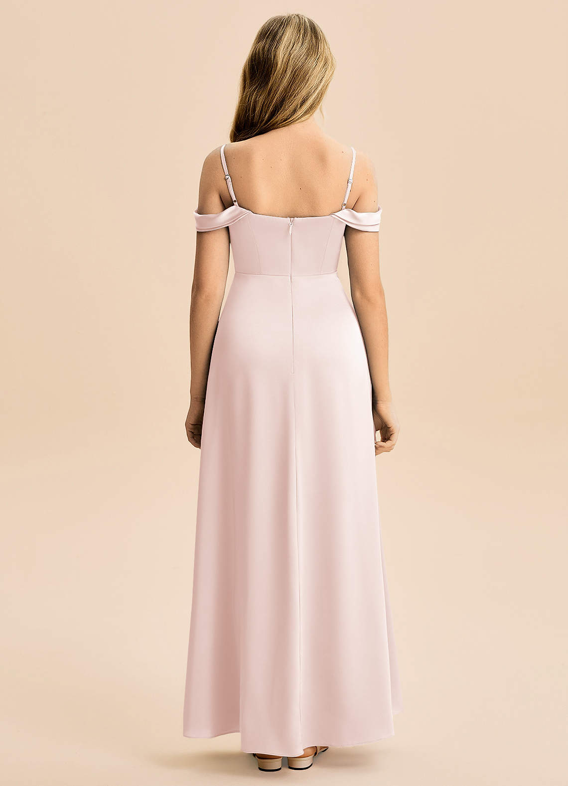 Azazie Lettie Junior Blushing Pink A-Line Off the Shoulder Stretch Satin Dress image2