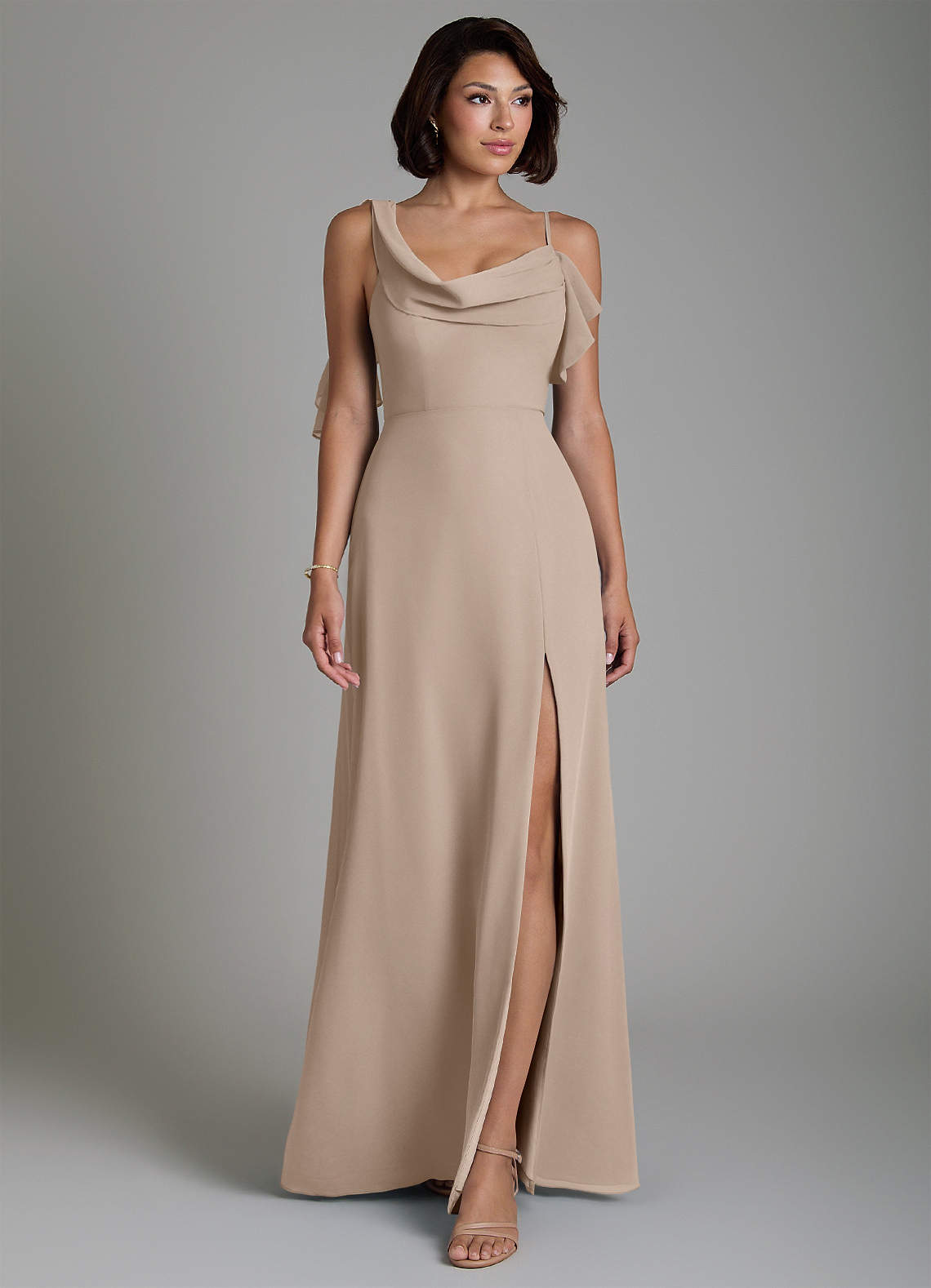 taupe chiffon bridesmaid dress Azazie Jayden Style:Peel & stick Ribbon