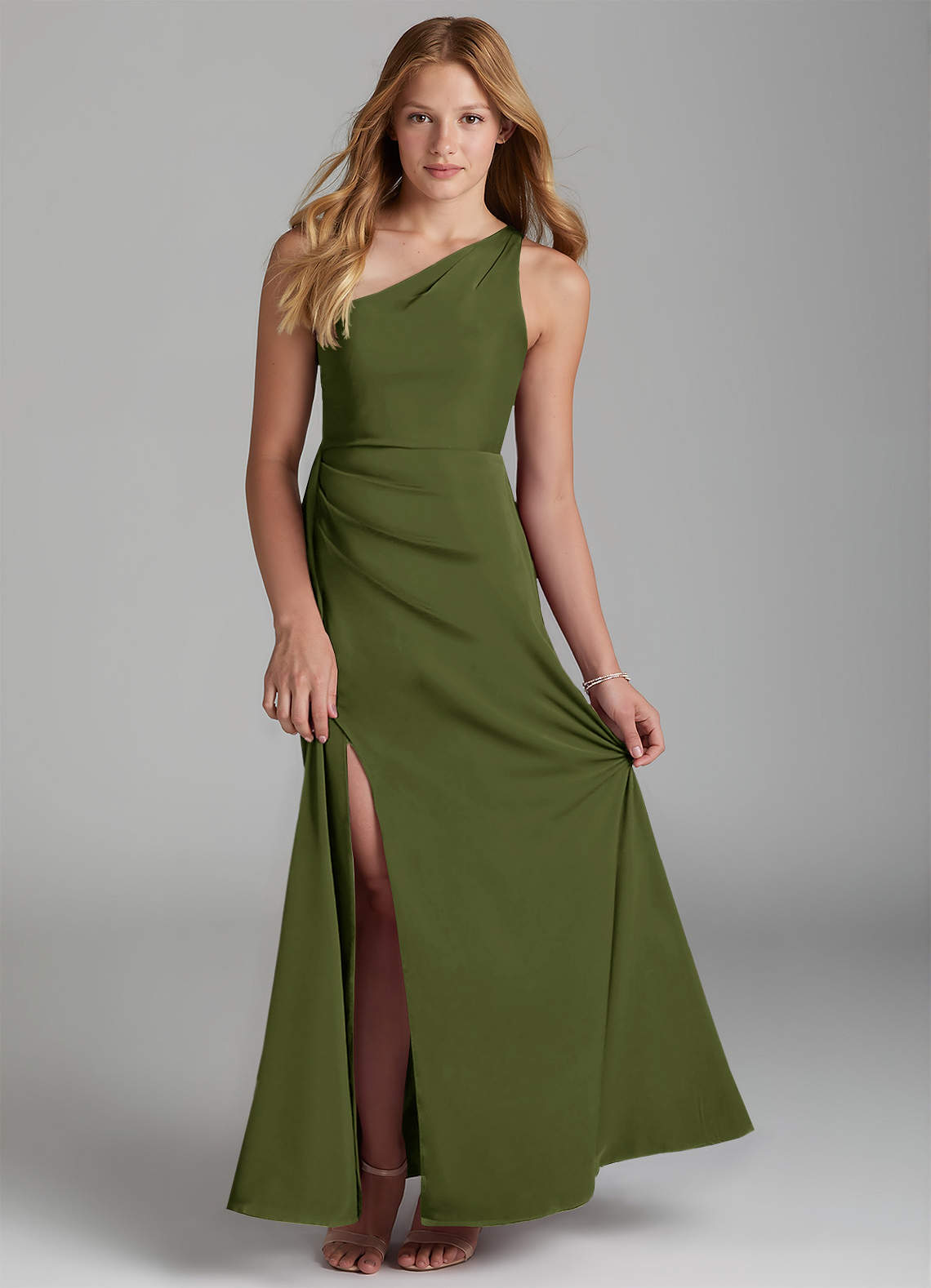 Azazie Maron Junior Olive A-Line Pleated Stretch Satin Dress image1