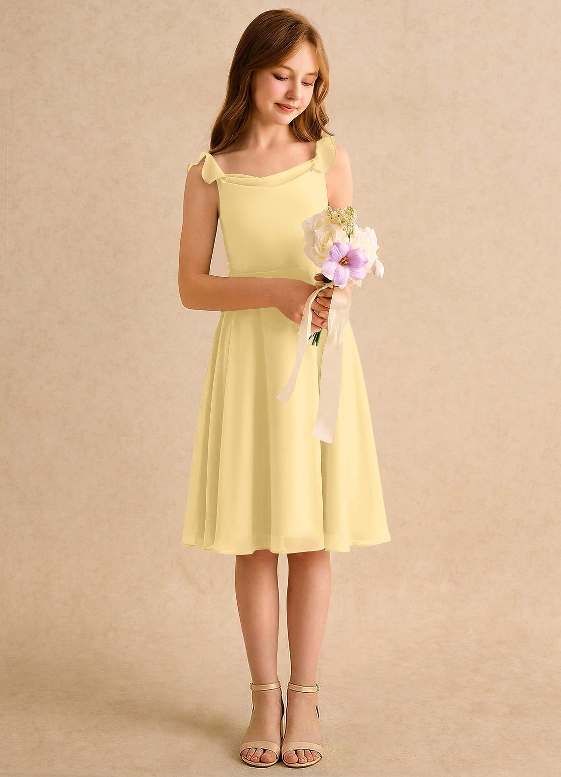 knee length yellow chiffon dress Simple High Neck Short Yellow Chiffon Prom Dress With Beading Waist