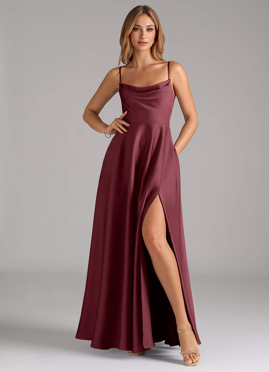 Azazie A-Line Cowl Neck Floor-Length Stretch Satin Bridesmaid Dresses - Merlot