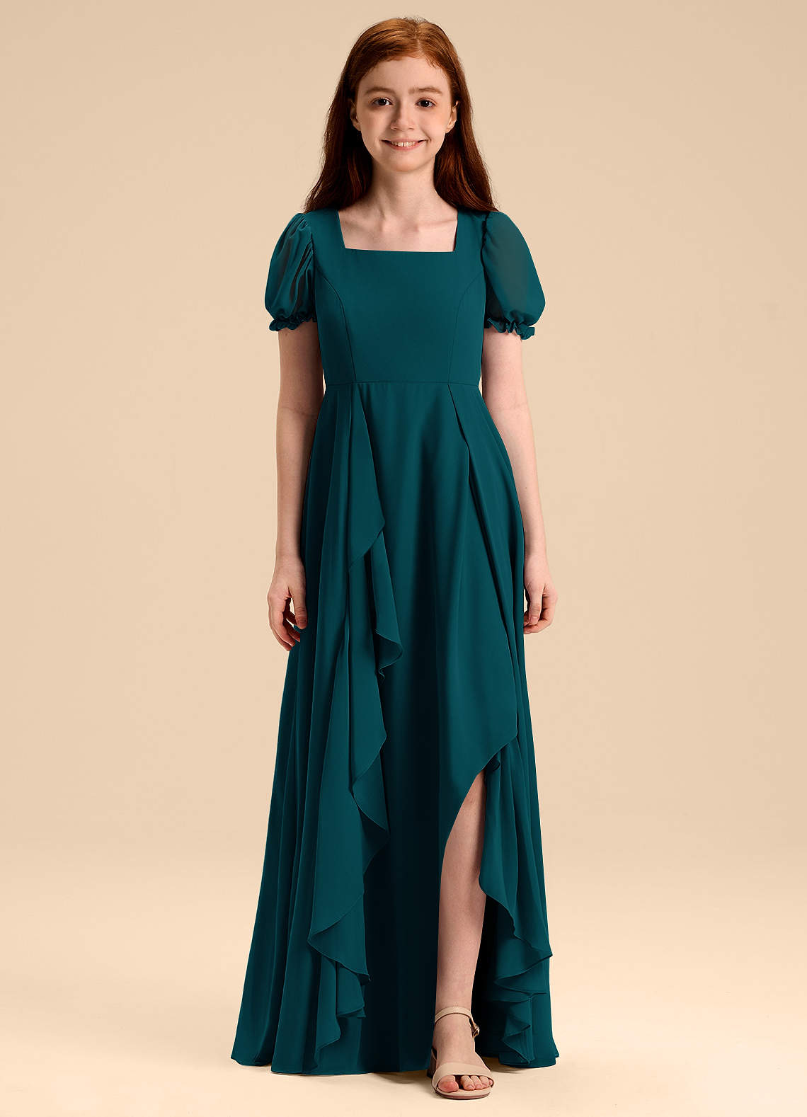 Azazie Priya Junior Pine A-Line Blouson Chiffon Dress image1
