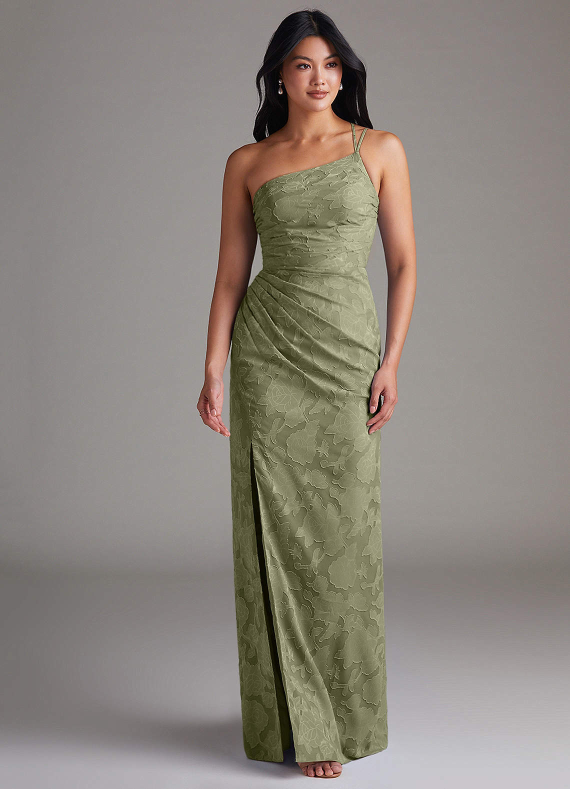 Azazie Eren Jurken voor bruidsmeisjes Jurk van Bloemen Burn-out met Kolom One-Shoulder Pistache image3
