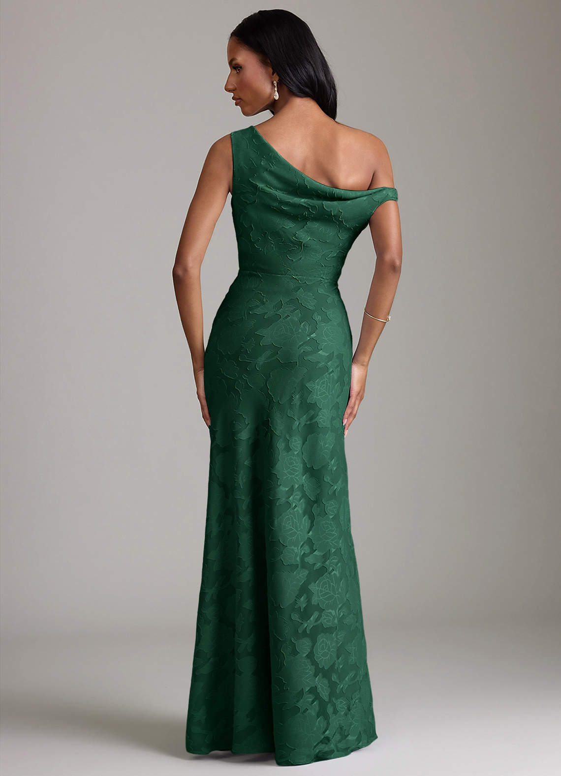 Azazie Emerson Bridesmaid Dresses Dark Green Mermaid Off the Shoulder Floral Burnout Dress image5