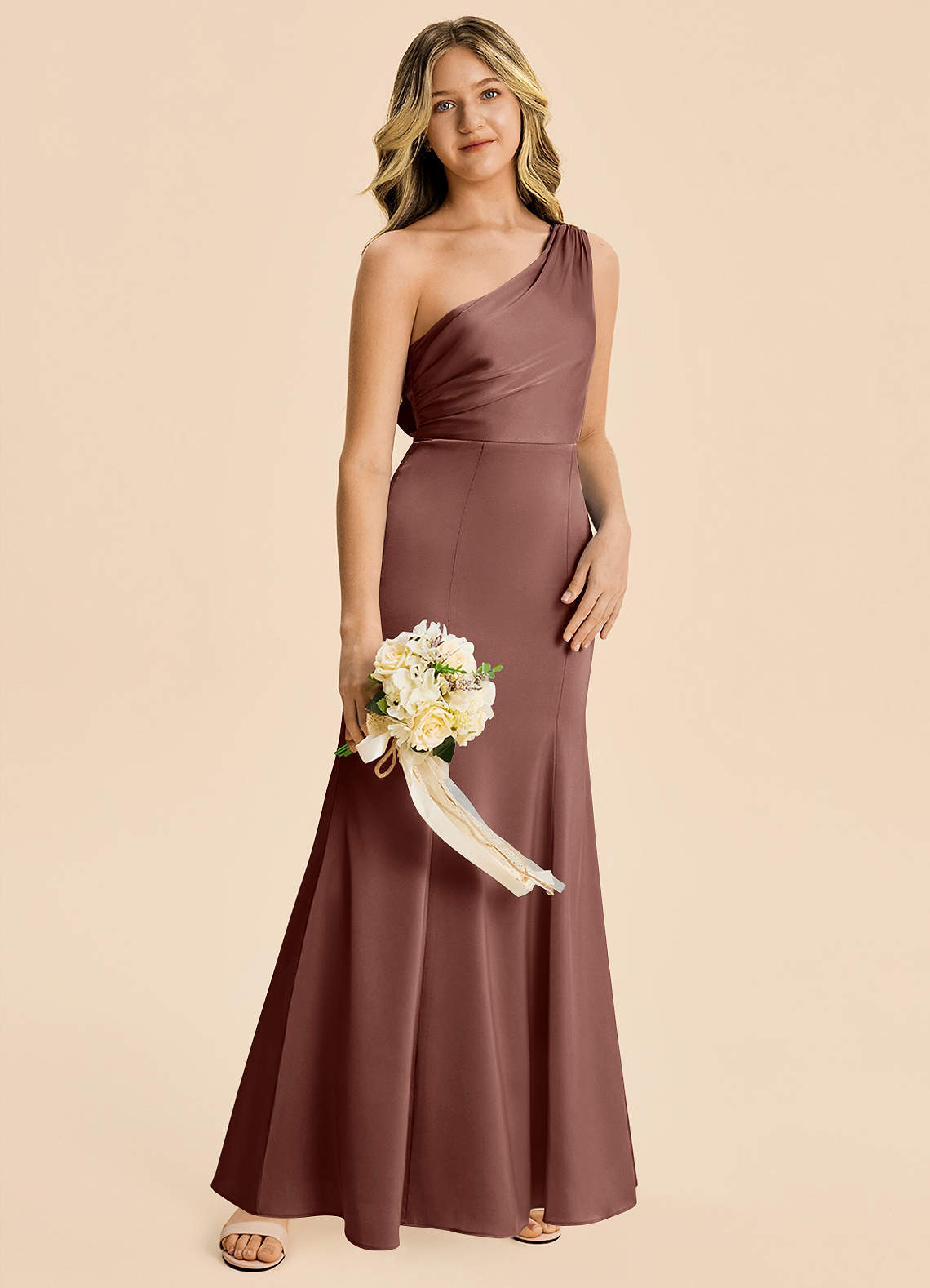 Azazie A-Line/Princess One-Shoulder Floor-Length Stretch Satin Junior Bridesmaid Dresses