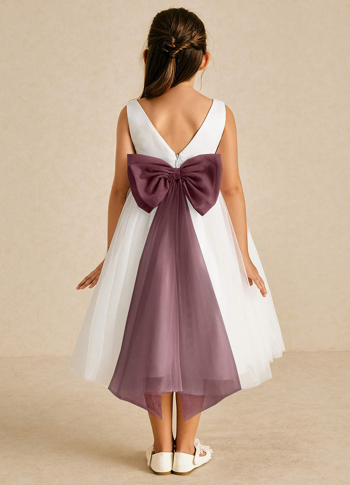 Azazie Kavi Flower Girl Dresses Ivory Sangria A-Line Bow Matte Satin Dress image1