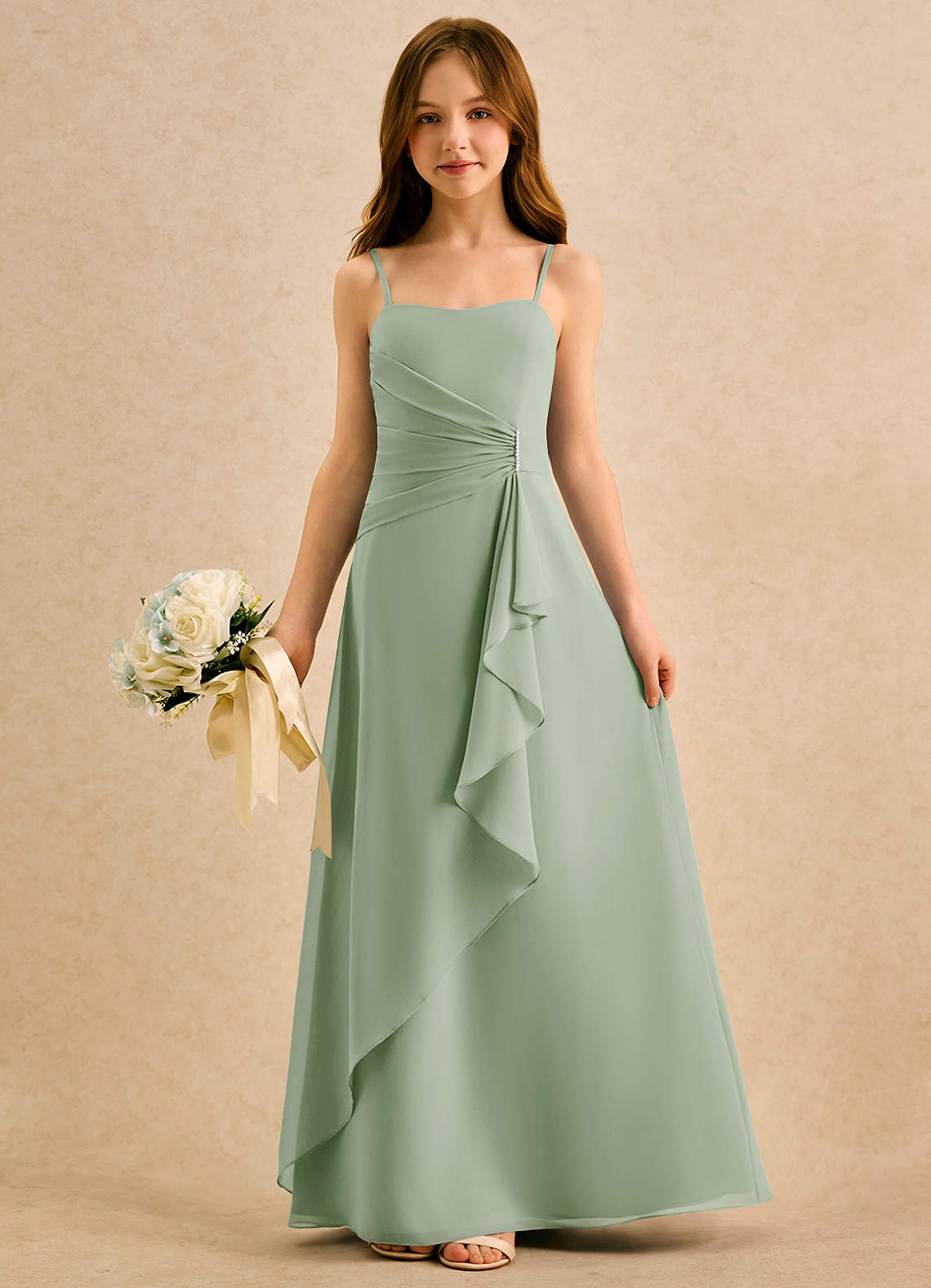 Azazie lolly Girls Formal Robe Demoiselle D'honneur Fillette Robe Trapèze en Mousseline de soie Plissée Vert Sauge image2