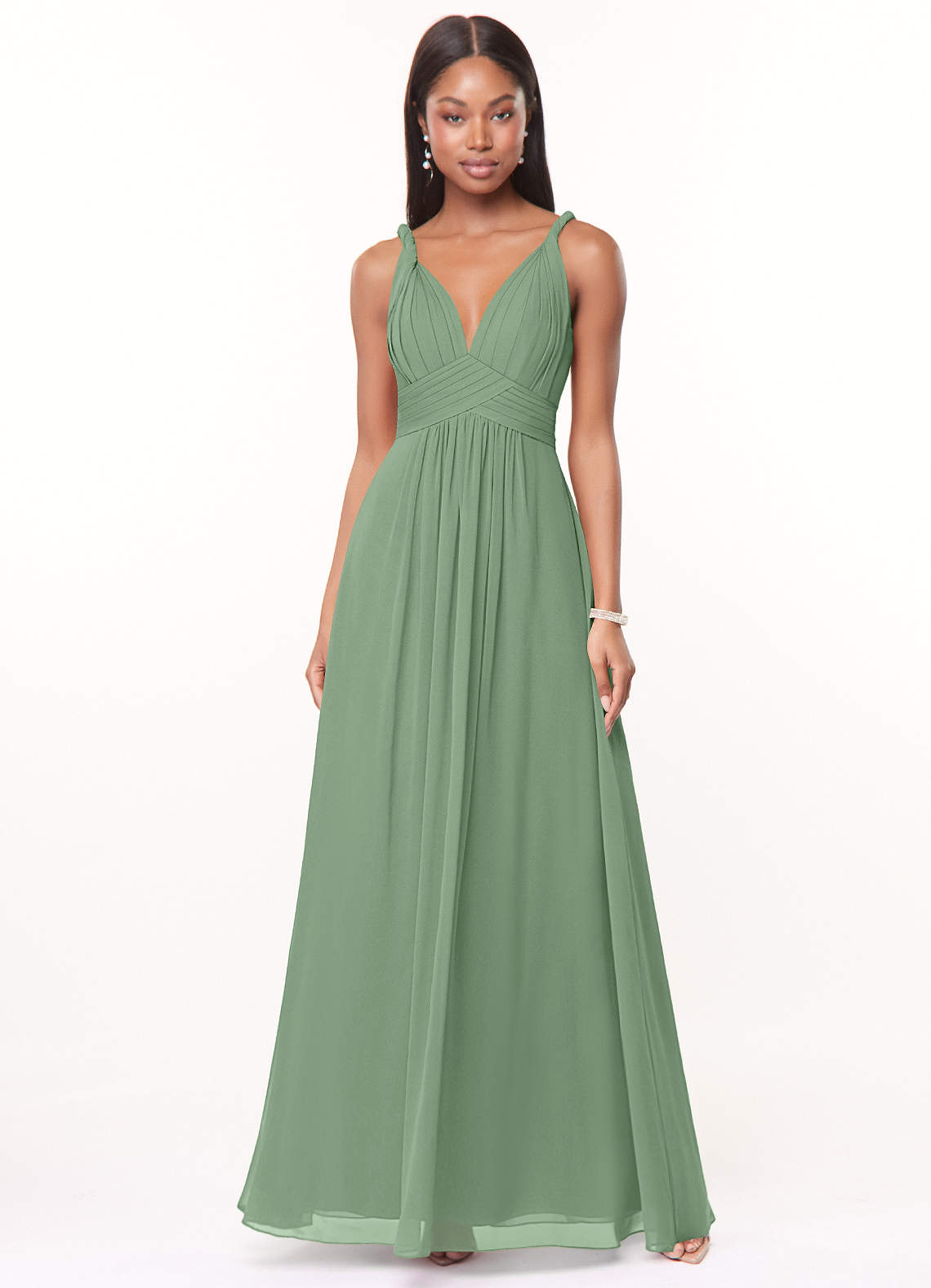 Azazie Maren Robes de demoiselle d'honneur Robe Trapèze en Mousseline de soie Plissée Matcha image1