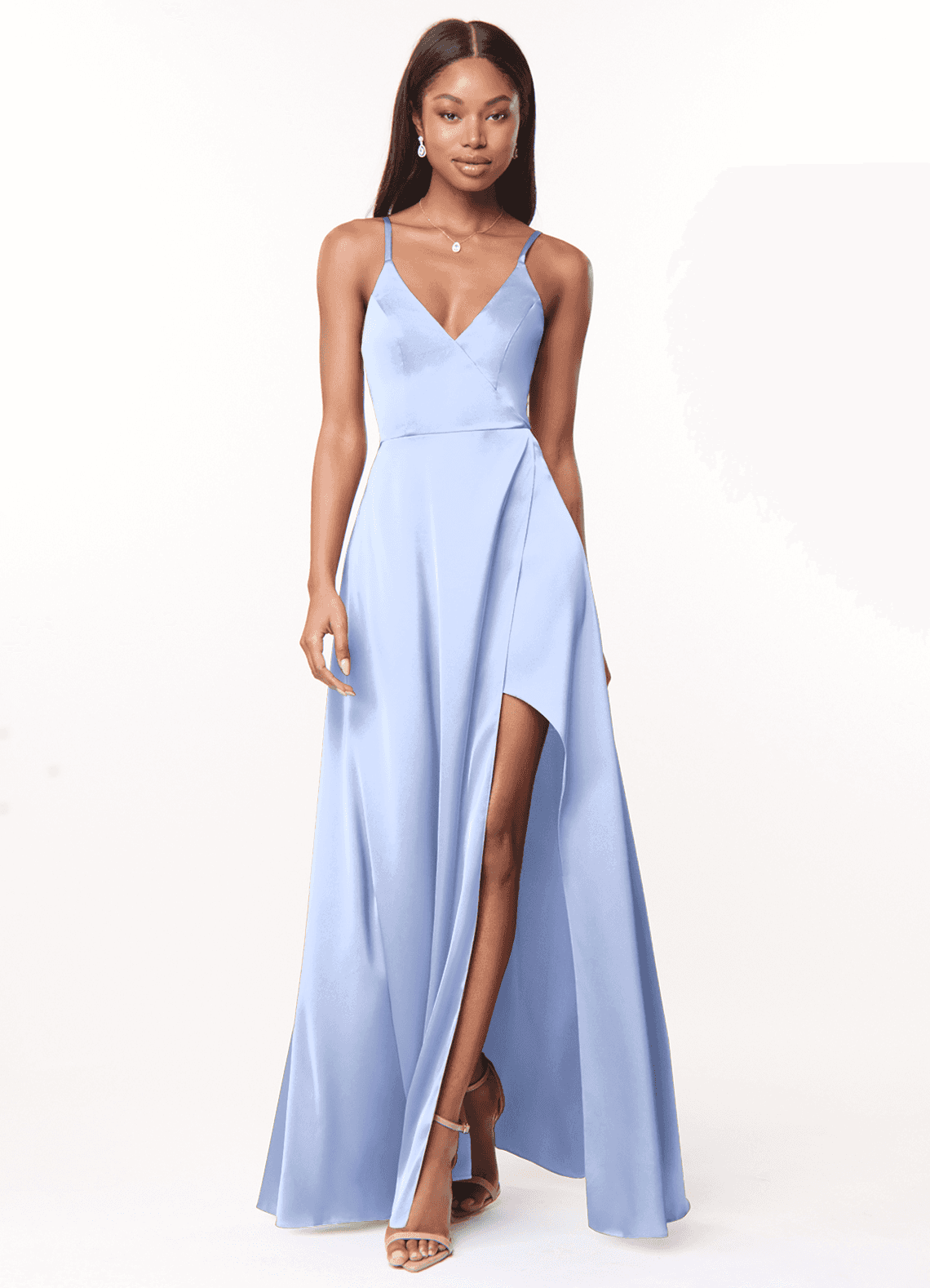 Azazie Maksim Brautjungfernkleider A-Linie V-Hals Stretch-Satin Kleid Eis image1