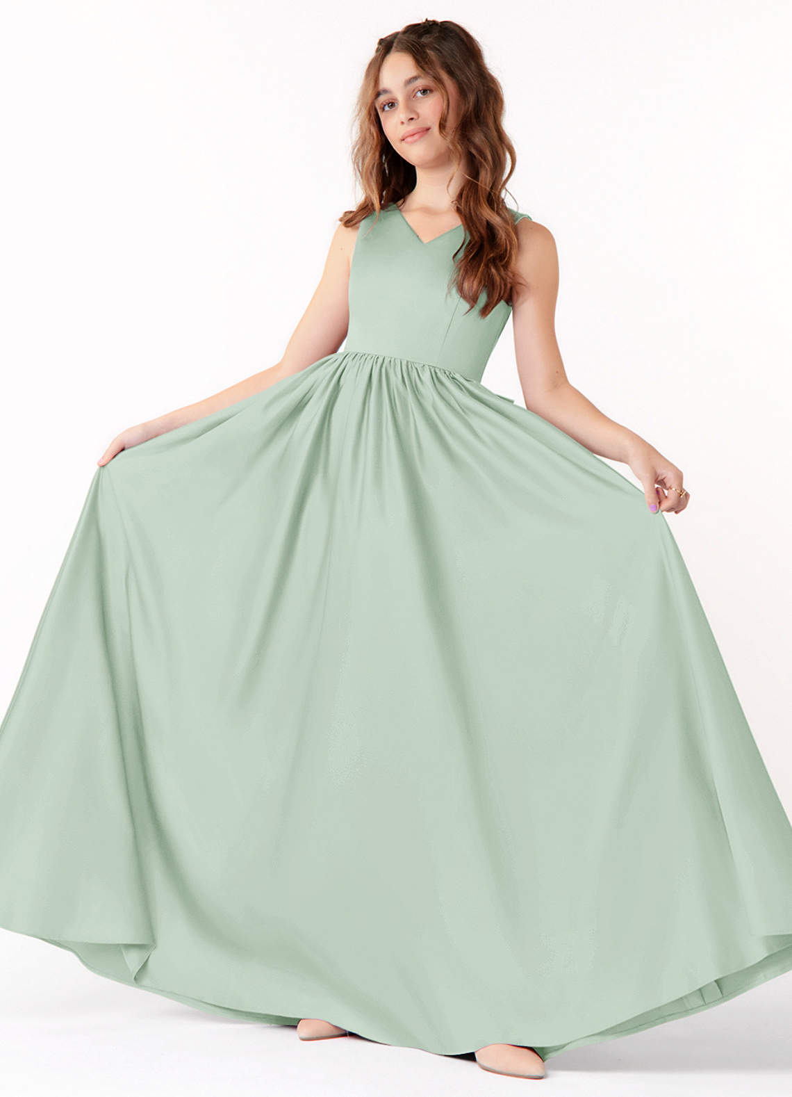 Azazie Hathaway Junior Agave A-Line Bow Matte Satin Dress image1