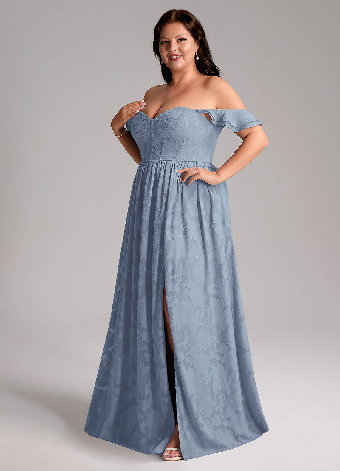 Azazie Denisse At-home Try On Dresses Dusty Blue A-Line Ruched Floral Burnout Dress image10
