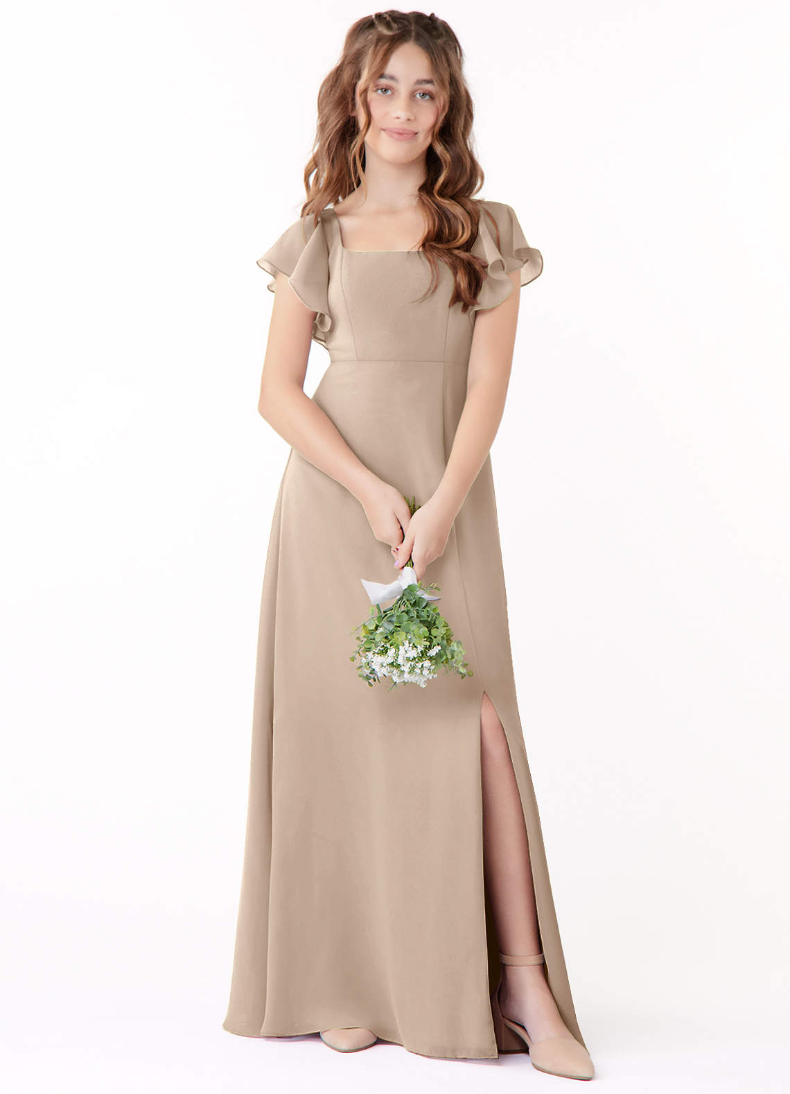 Azazie Bondi Junior Taupe A-Line Bow Chiffon Dress image1
