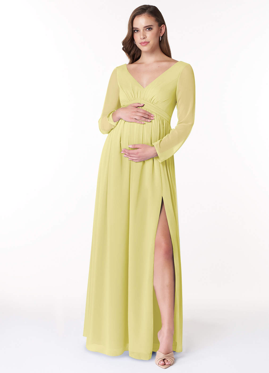 Azazie Teton Maternity Bridesmaid Dresses A-Line Long Sleeve Chiffon Floor-Length Dress image1