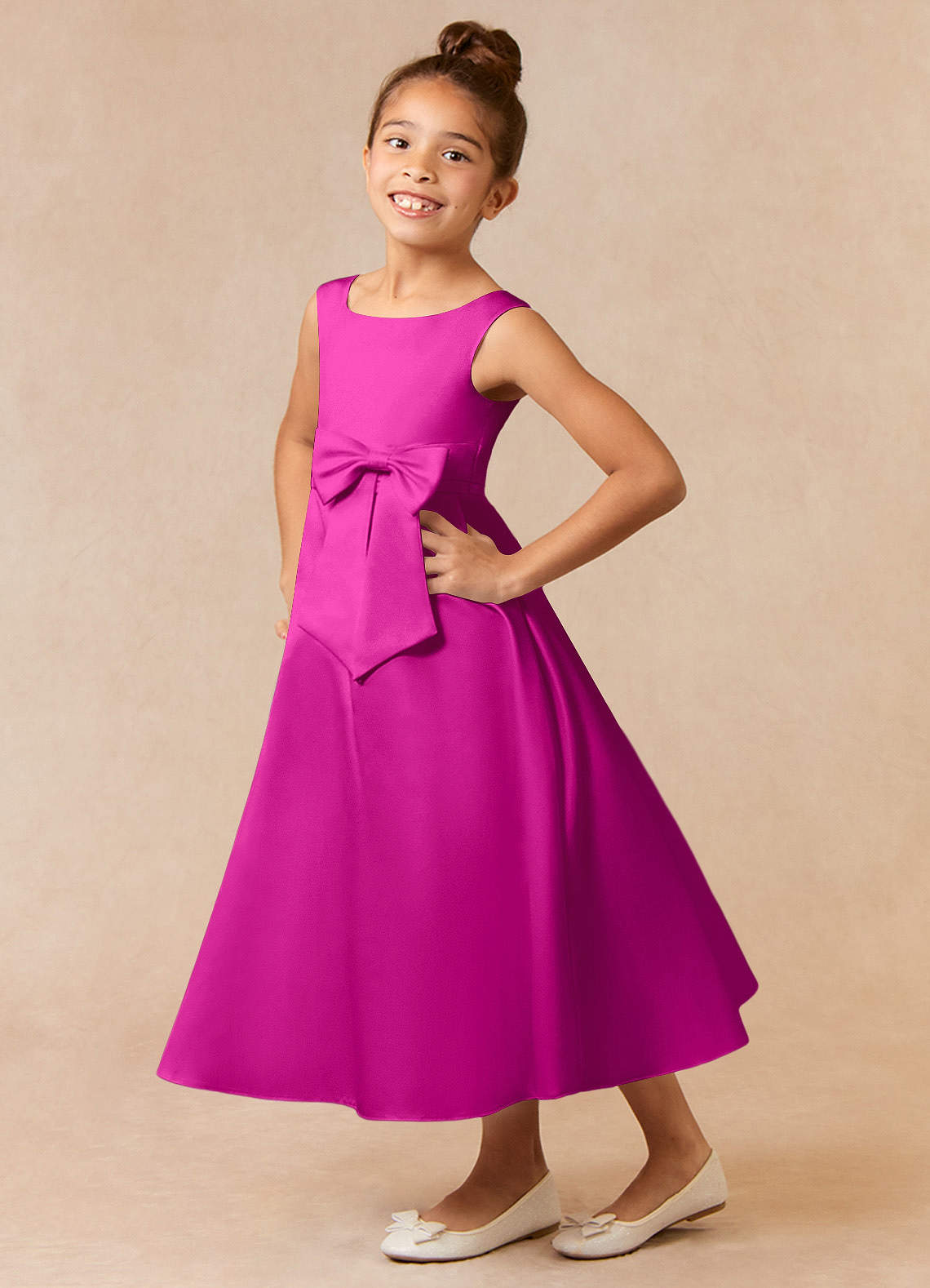 Azazie Lindy Flower Girl Dresses Fuchsia A-Line Pleated Matte Satin Dress image1
