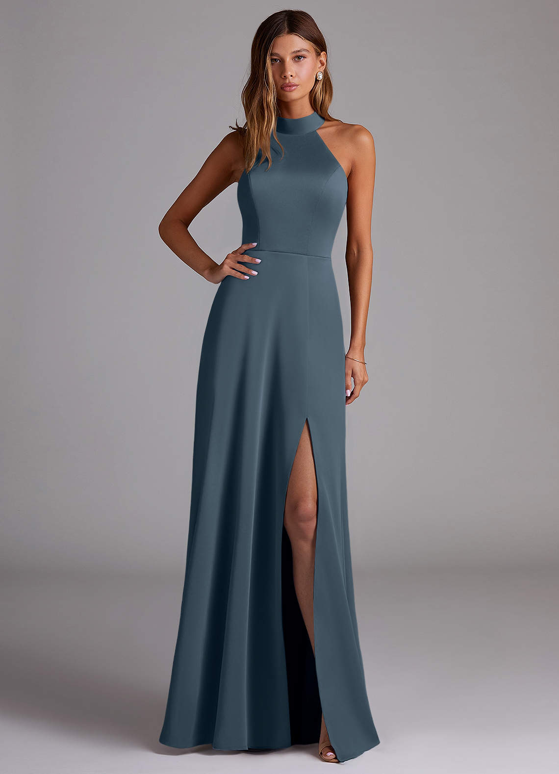 Azazie Myra Bridesmaid Dresses Twilight A-Line Side Slit Stretch Satin Dress image1