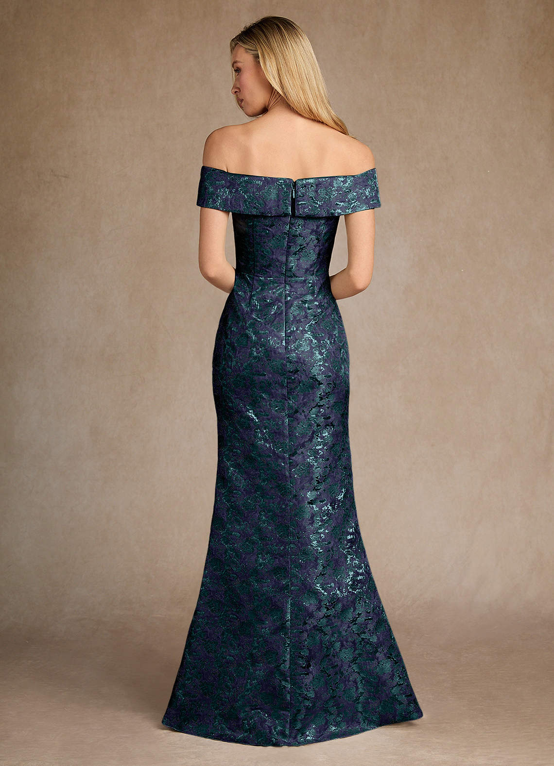 Azazie Canton Dark Navy Mermaid Off the Shoulder Jacquard Dress