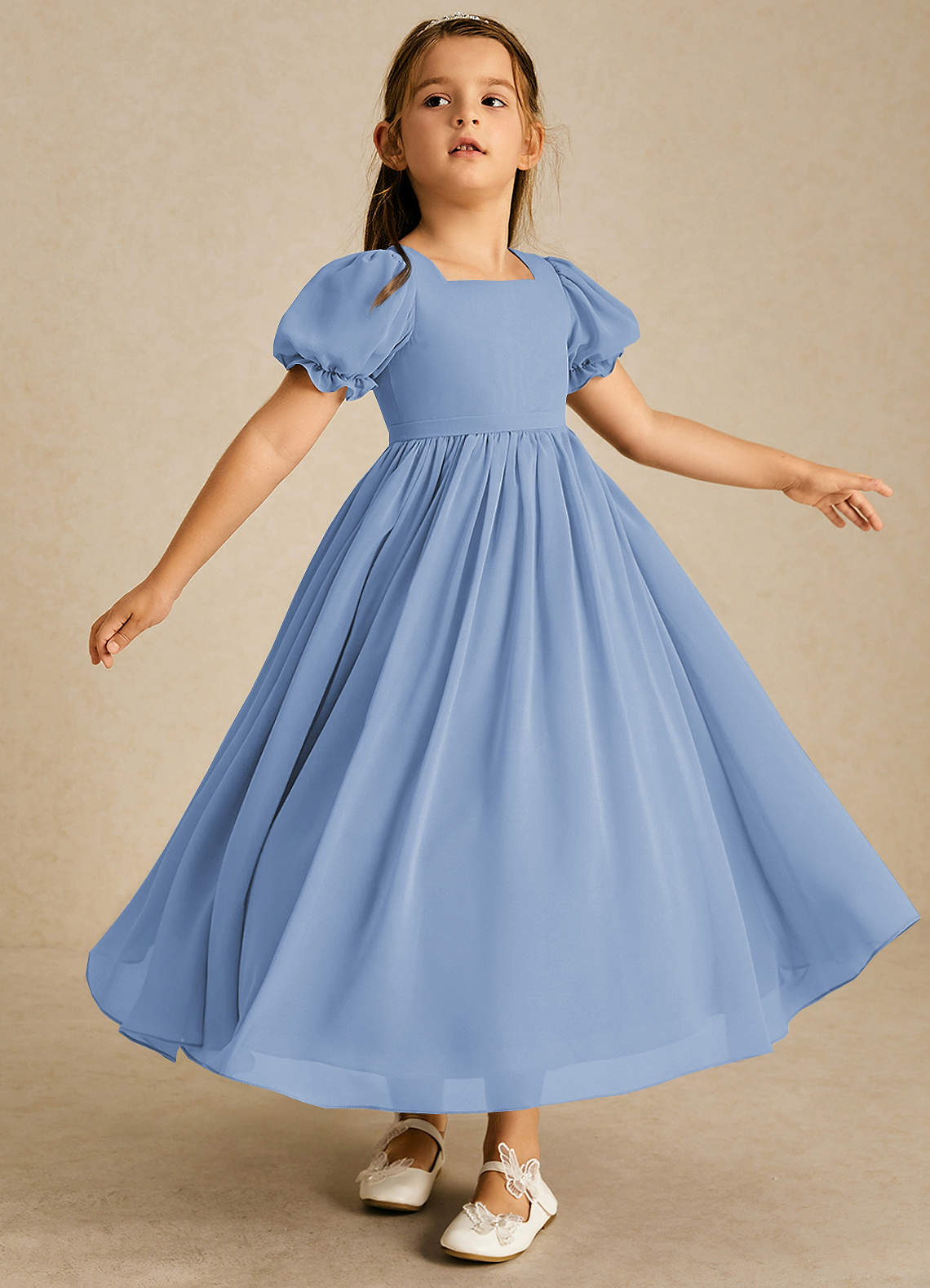 Azazie Joss Flower Girl Dresses Steel Blue A-Line with Sleeves Chiffon Dress image2