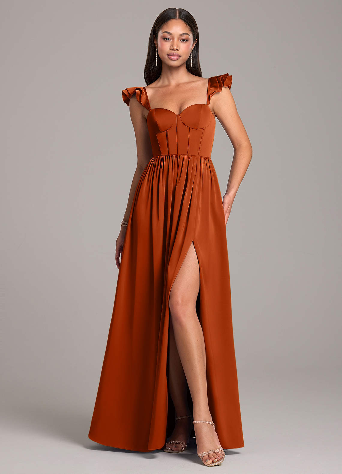 Azazie Denisse Bridesmaid Dresses Burnt Orange A-Line Ruched Stretch Satin Dress image1