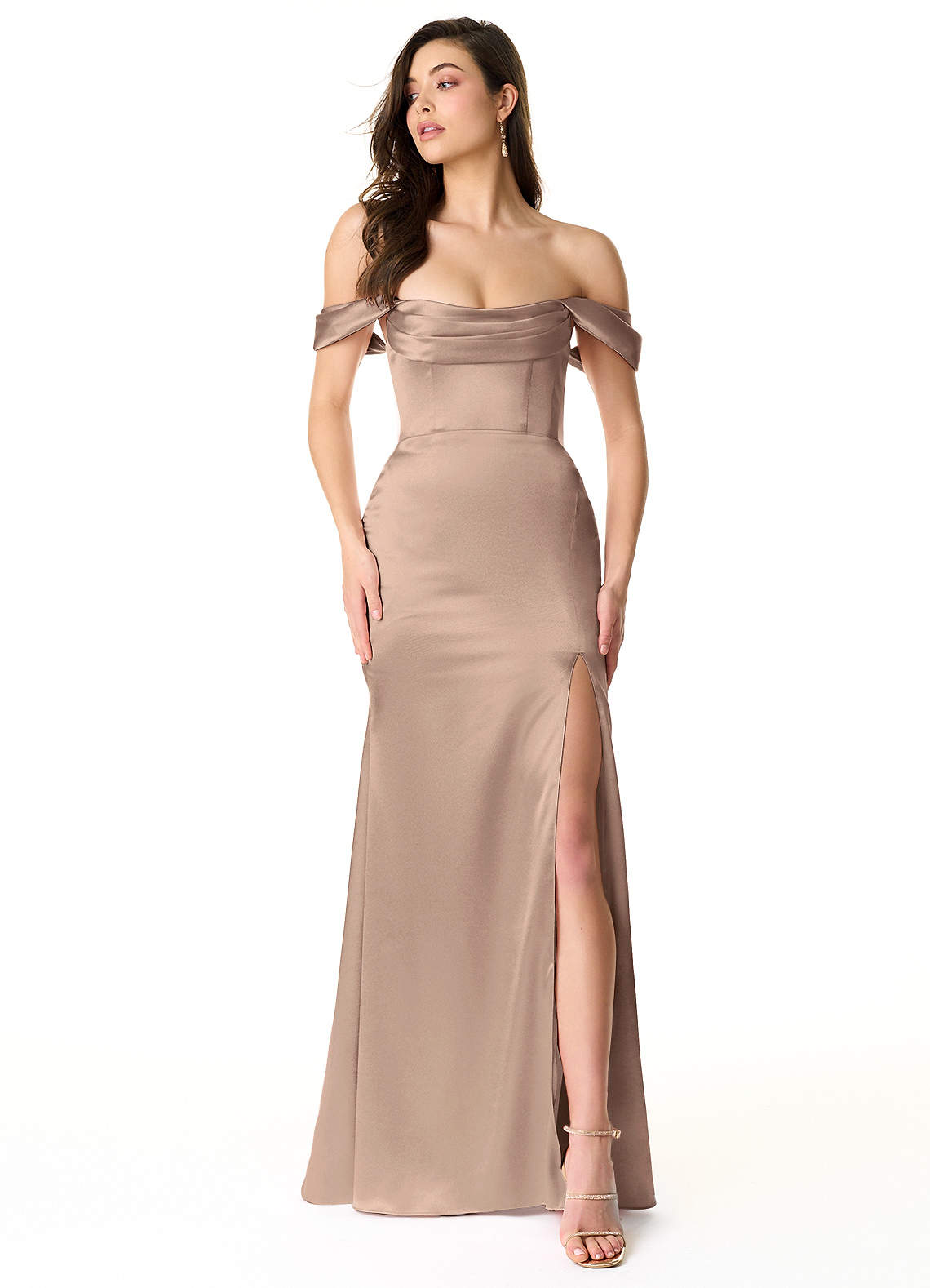Azazie Liv Bridesmaid Dresses Taupe Sheath Off the Shoulder Metallic Satin Convertible Dress image1