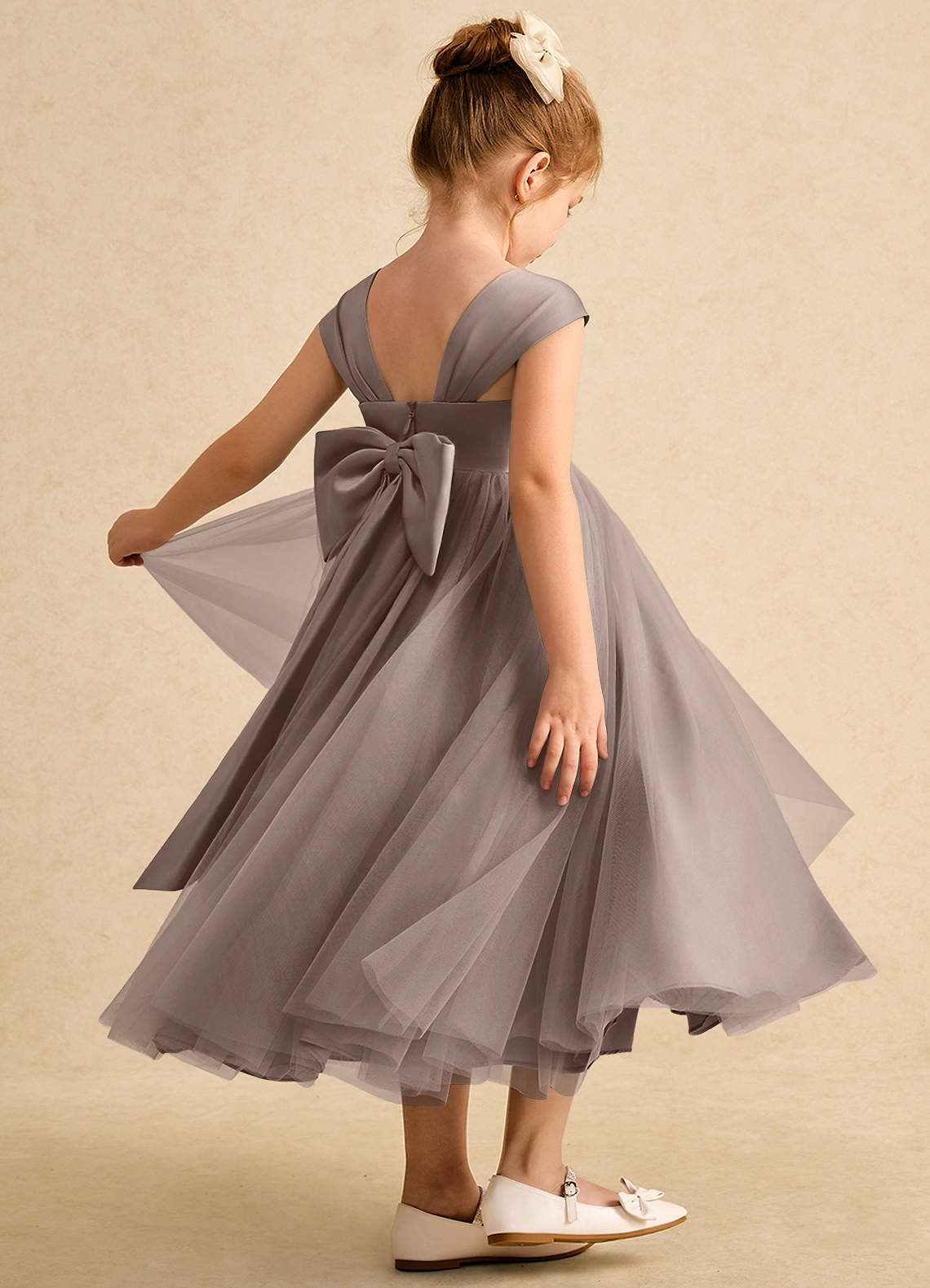 Azazie Chickadee Flower Girl Dresses Taupe Ball-Gown Sweetheart Neckline Matte Satin Dress image1