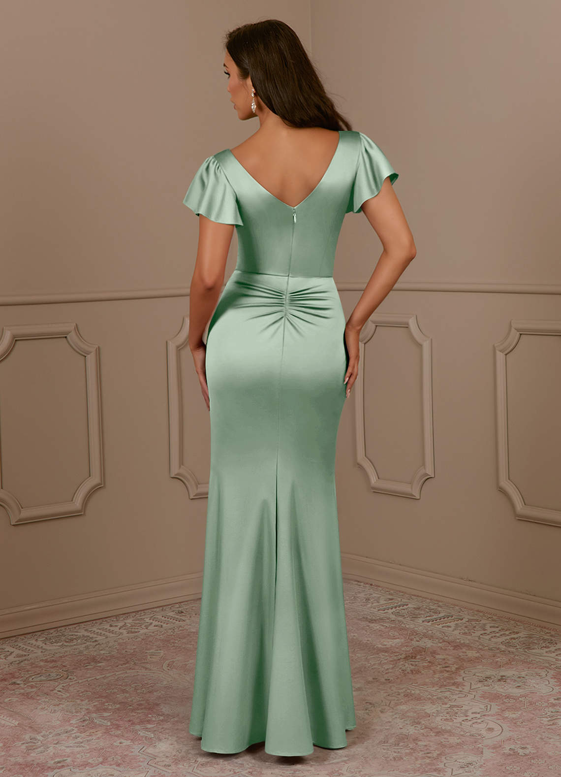 Azazie Roya Mother of the Bride Dresses Agave Mermaid V-Neck Pleated Stretch Satin Dress image3