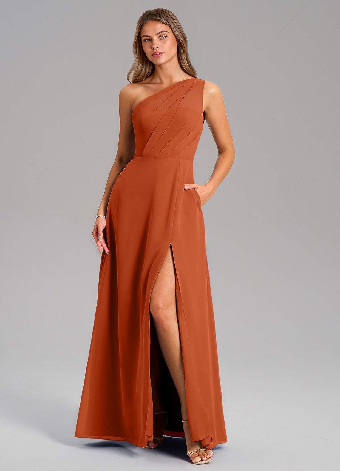 Azazie Phaedra Bridesmaid Dresses Burnt Orange A-Line One Shoulder Chiffon Dress image1