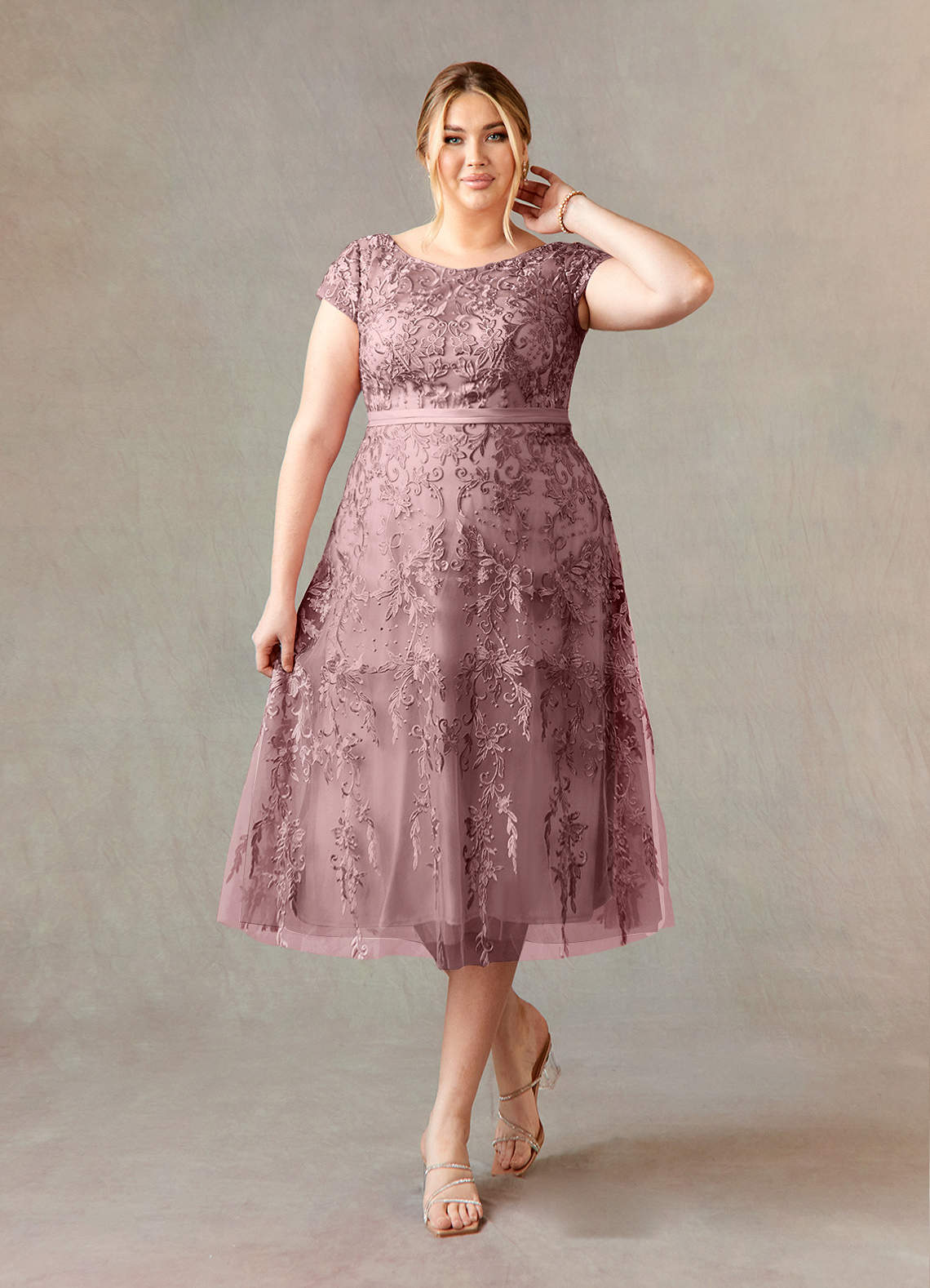 Azazie Sanna Mother of the Bride Dresses Dusty Rose A-Line Scoop Lace Tulle Dress image1