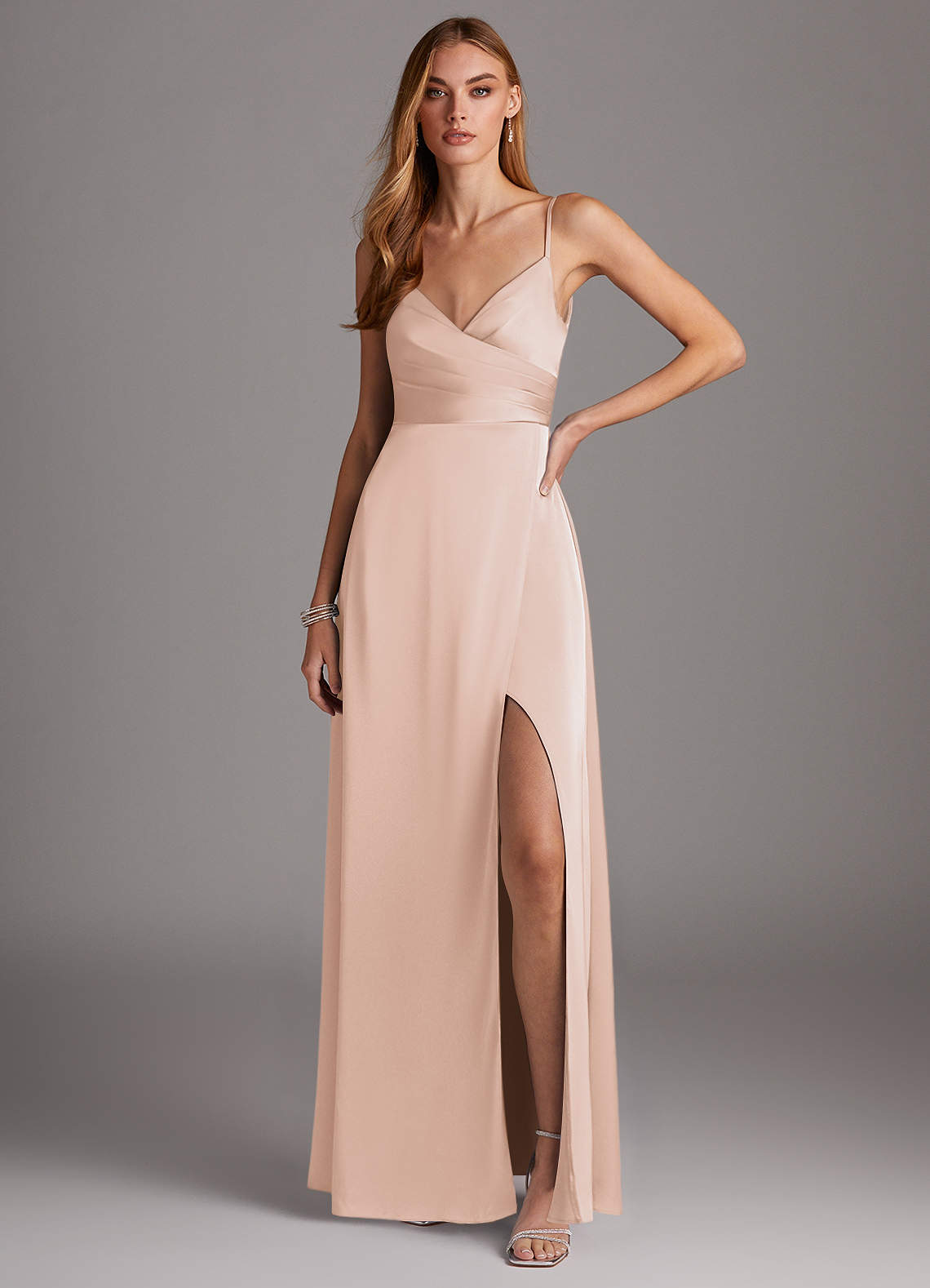 Azazie Calissa Bridesmaid Dresses Blushing Pink A-Line V-Neck Pleated Stretch Satin Dress image1
