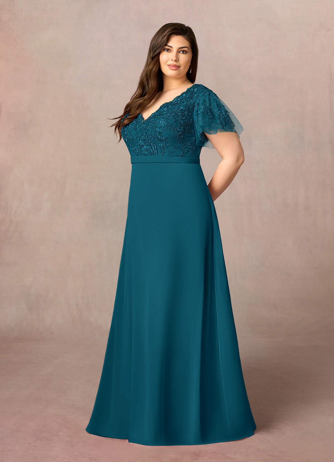 Azazie Singer Ink Blue A-Line V-Neck Lace Chiffon Dress | Azazie
