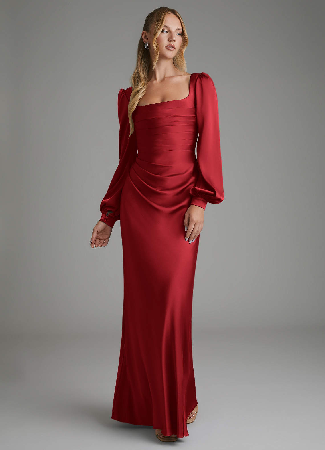 scarlet bridesmaid dresses Azazie Mermaid Square Neck Long Sleeve Floor-Length Stretch Satin Color:MAIRA FLORAL DARK BLUE evening gown to holiday WeddingDayStyle Diesel Mathilde Hooded Maxi