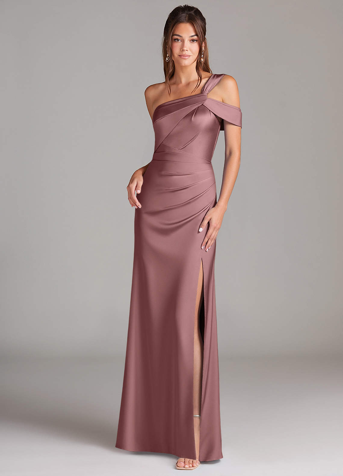 Azazie Wynter Bridesmaid Dresses Vintage Mauve Sheath Off the Shoulder Stretch Satin Dress image1