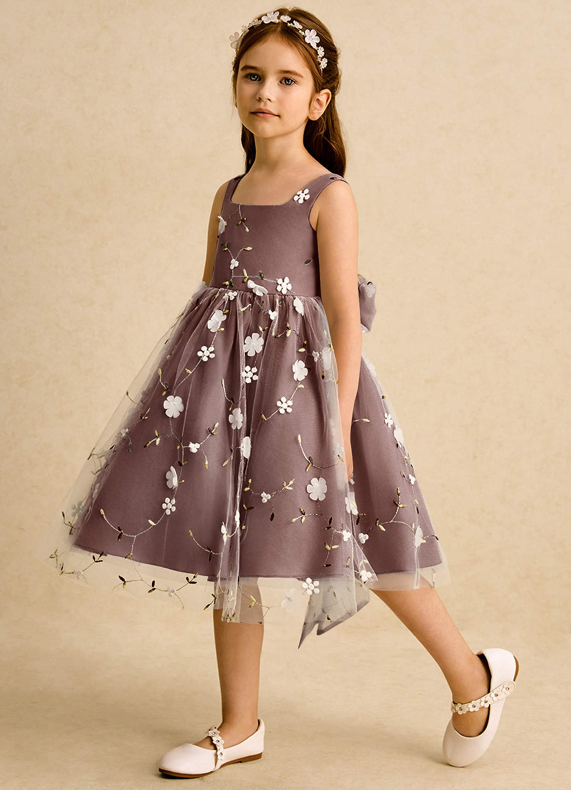Azazie Bean Flower Girl Dresses Espresso Ball-Gown Sleeveless Tulle Dress image4