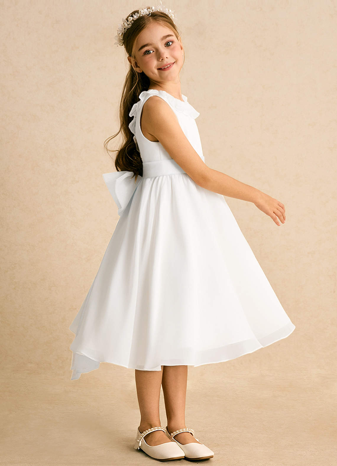 Azazie Dani vestidos de niña de las flores Vestido de Marfil de Gasa de Corte en A con Lazo image3