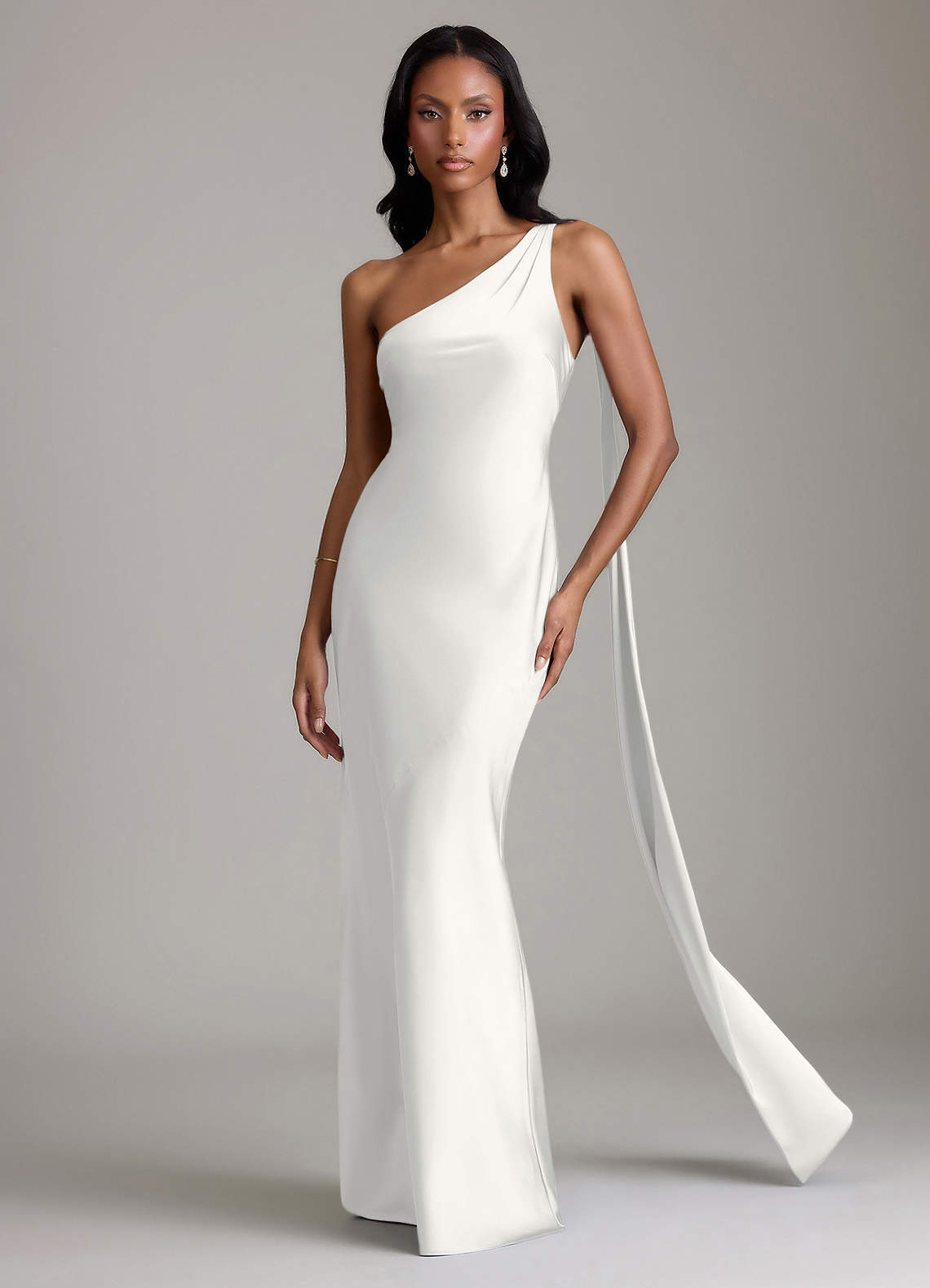 one shoulder white bridesmaid dresses Azazie Juniper Stretch Satin which adds a soft Enfocus Studio Size 6 Color:Bleached Aqua elegant one shoulder dress Material_Polyester