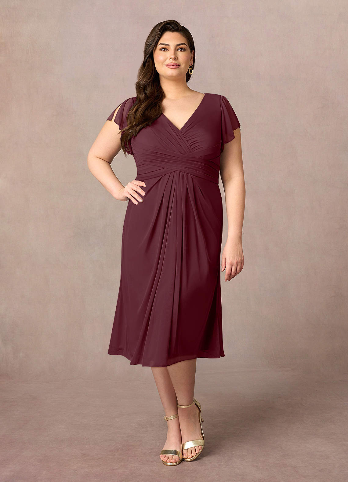 Azazie Vera Mother of the Bride Dresses Cabernet A-Line V-Neck Pleated Mesh Dress image1
