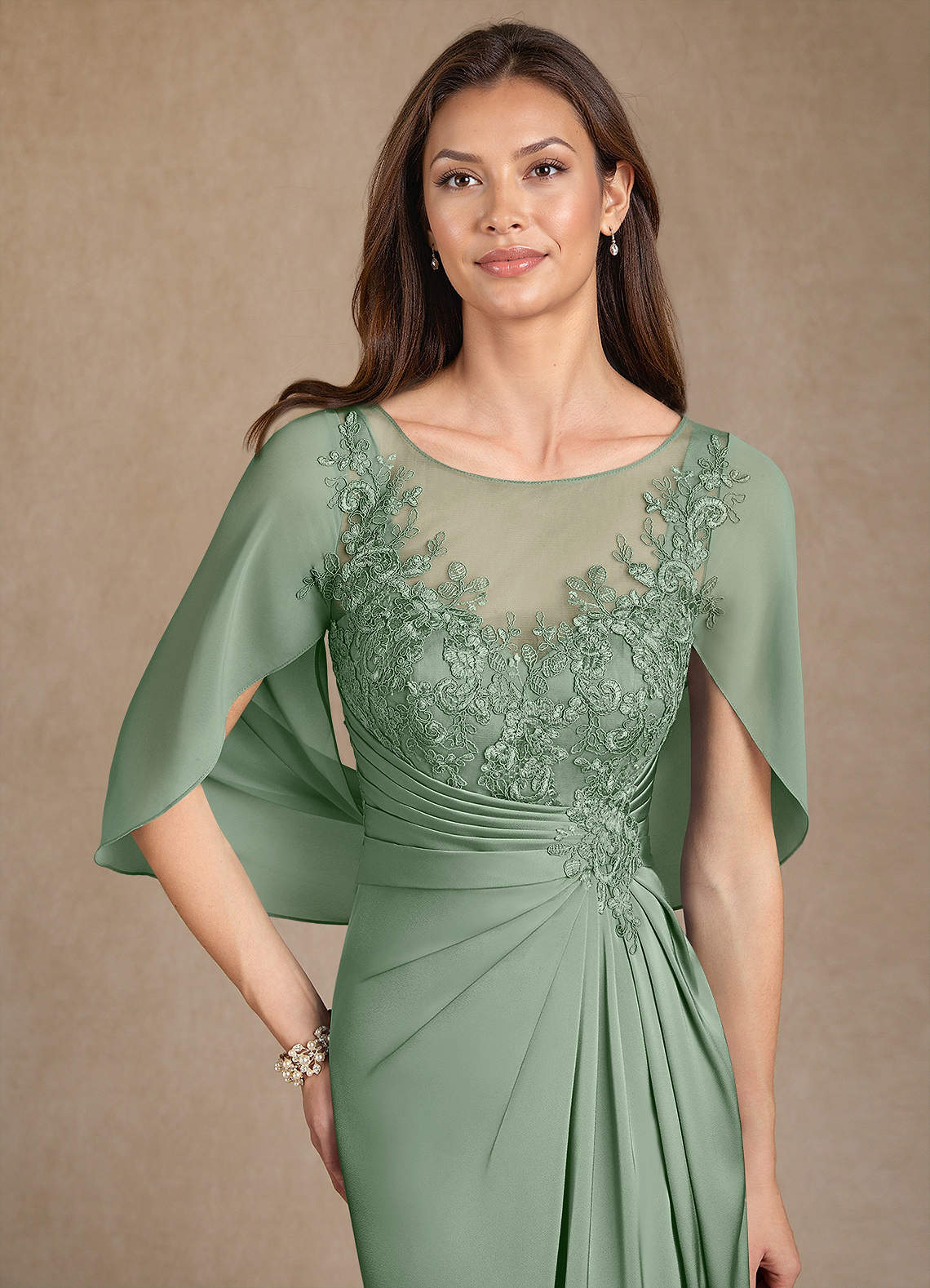 Azazie Hera Mother of the Bride Dresses Matcha A-Line Lace Stretch Satin Dress image4