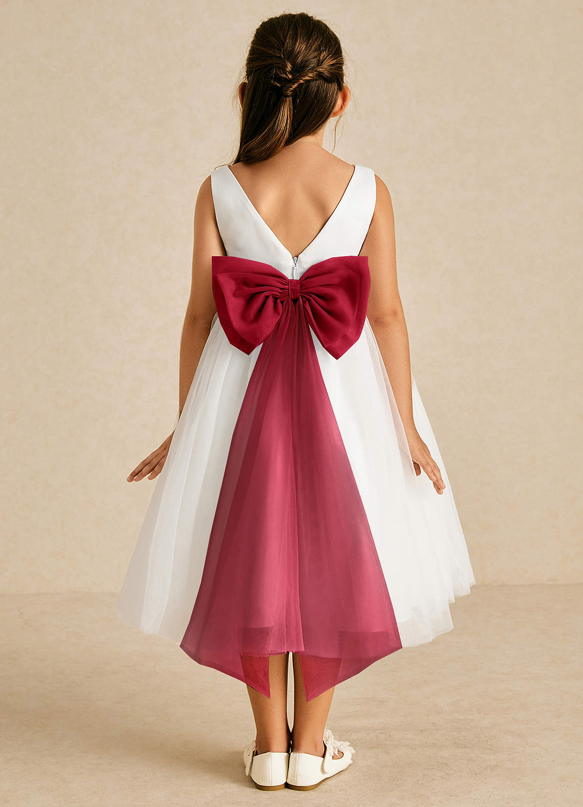 Azazie Kavi Flower Girl Dresses Ivory Scarlet A-Line Bow Matte Satin Dress image1