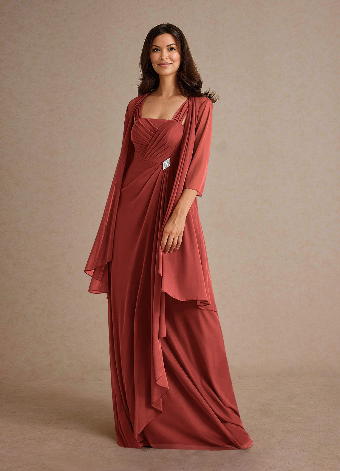 Azazie Clinton Mother of the Bride Dresses Terracotta A-Line Pleated Mesh Dress image1