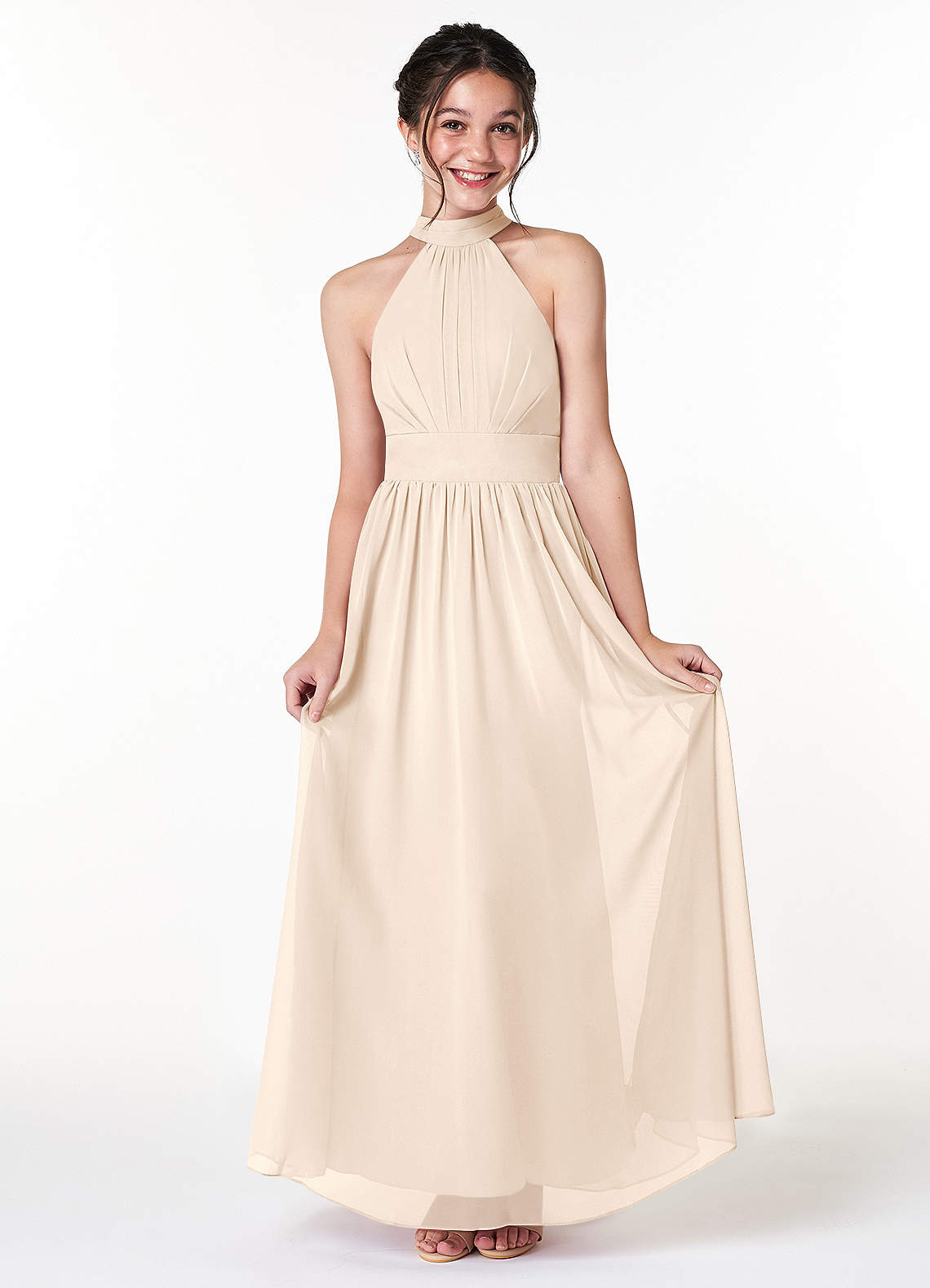 Azazie Iman Junior White Alabaster A-Line Pleated Chiffon Dress image1